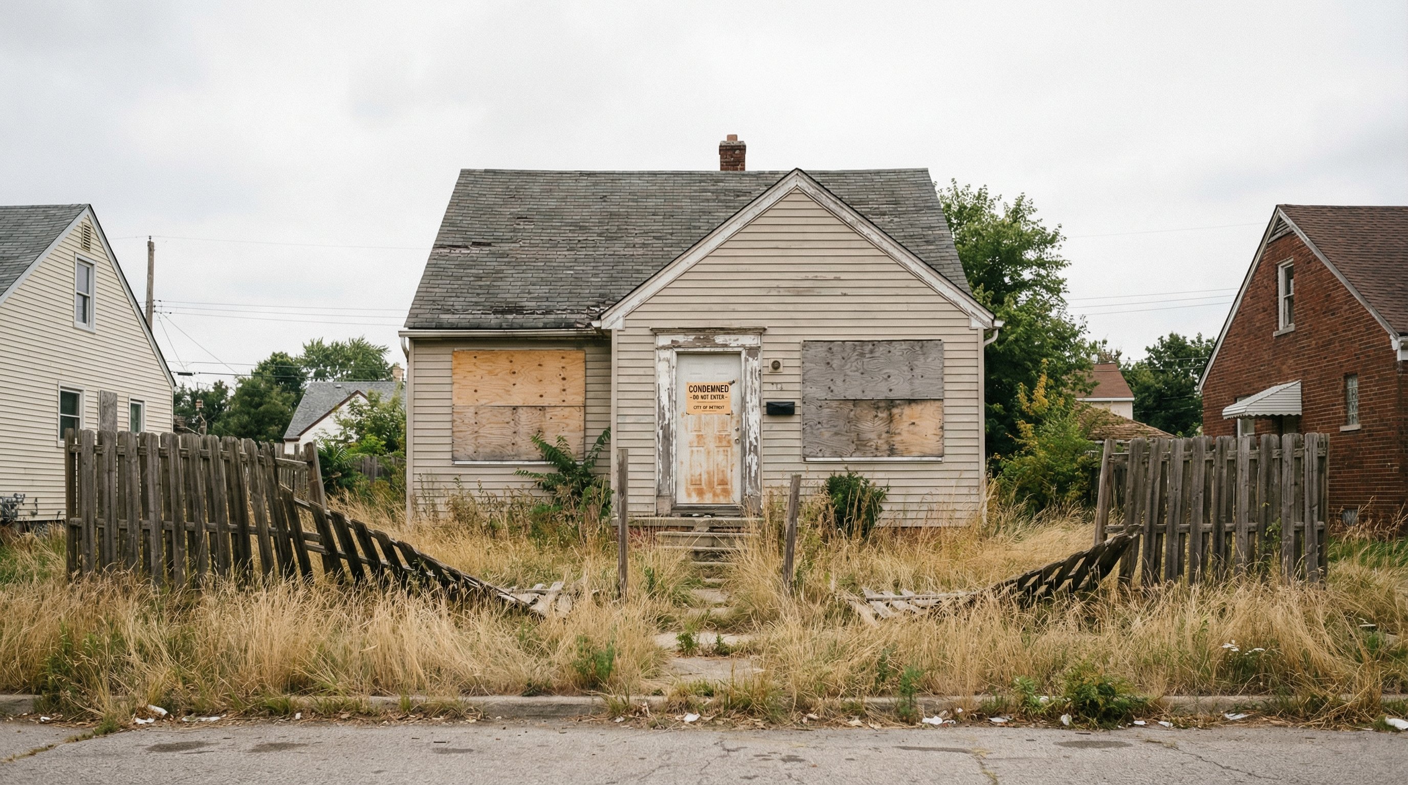 An abandoned single-family home with boarded windows, overgrown yard, and a collapsed fence section