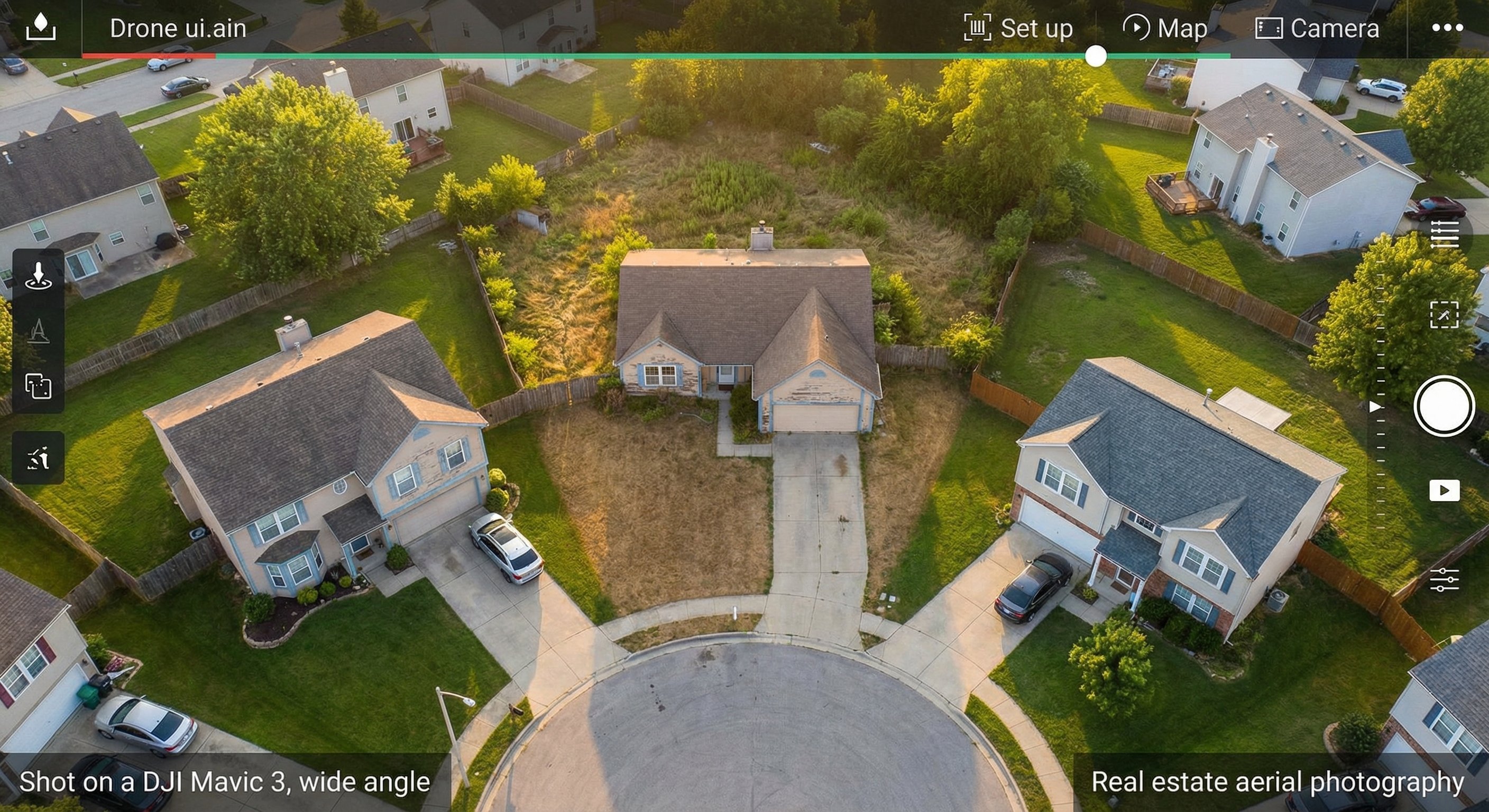 Aerial view of a suburban cul-de-sac contrasting a neglected property with well-maintained neighbors