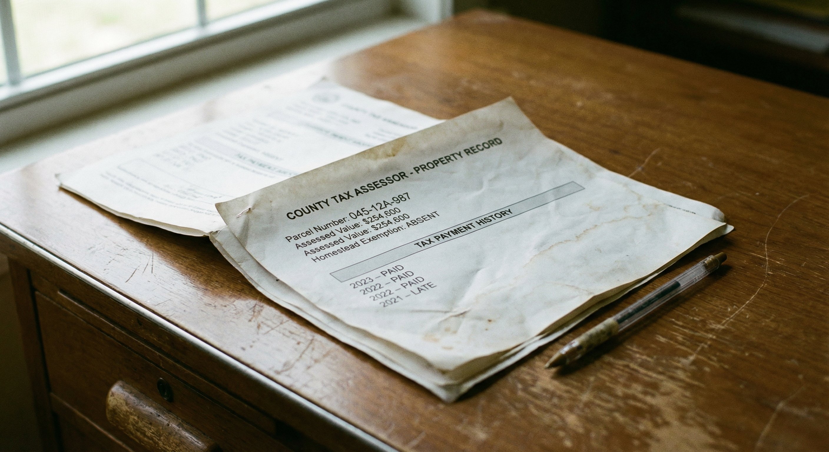 A county tax assessor document spread on a wooden desk showing property record details and tax payment history
