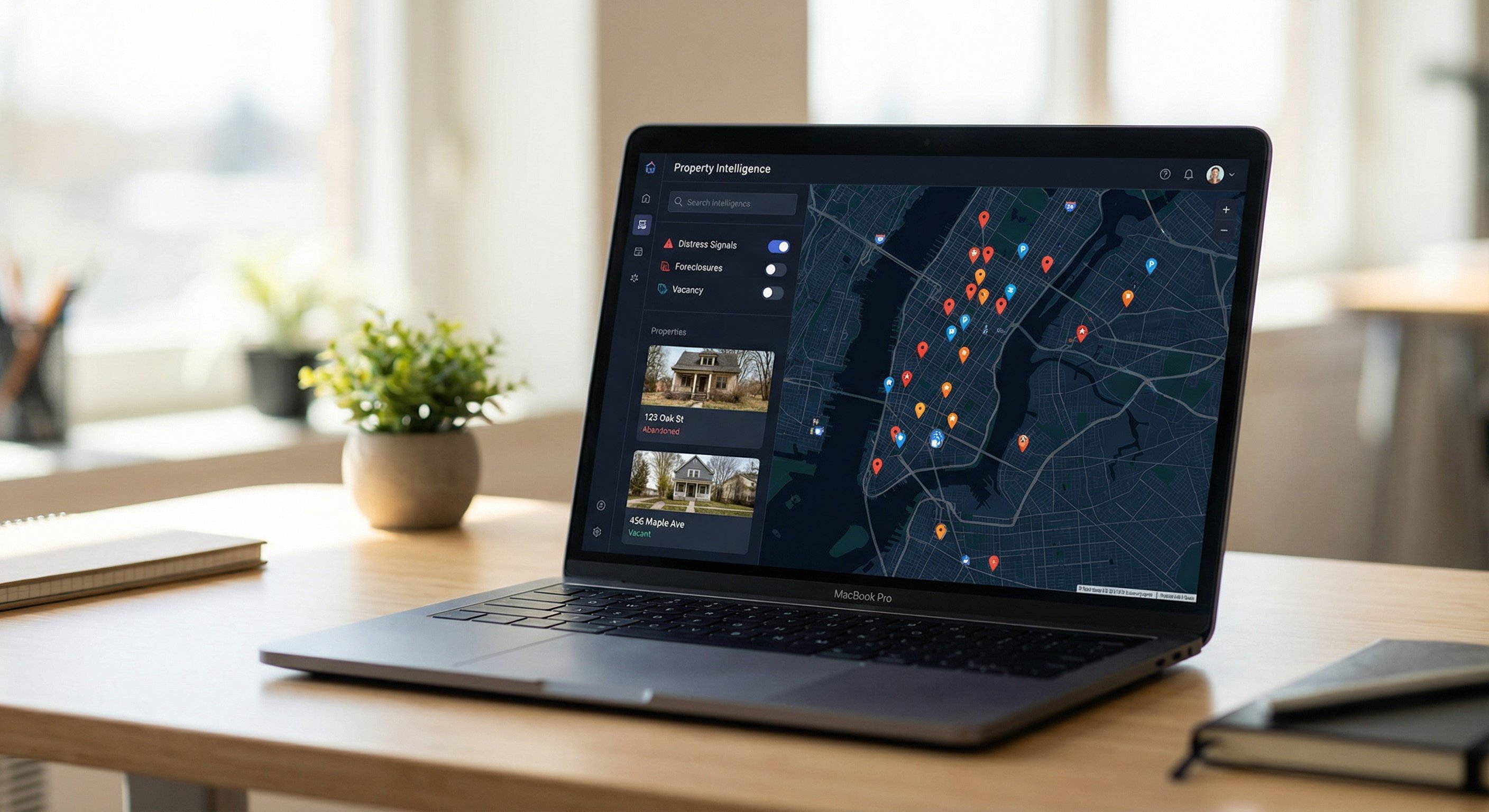A modern dark-themed property intelligence dashboard on a laptop showing a map with colored distress signal pins and property detail cards