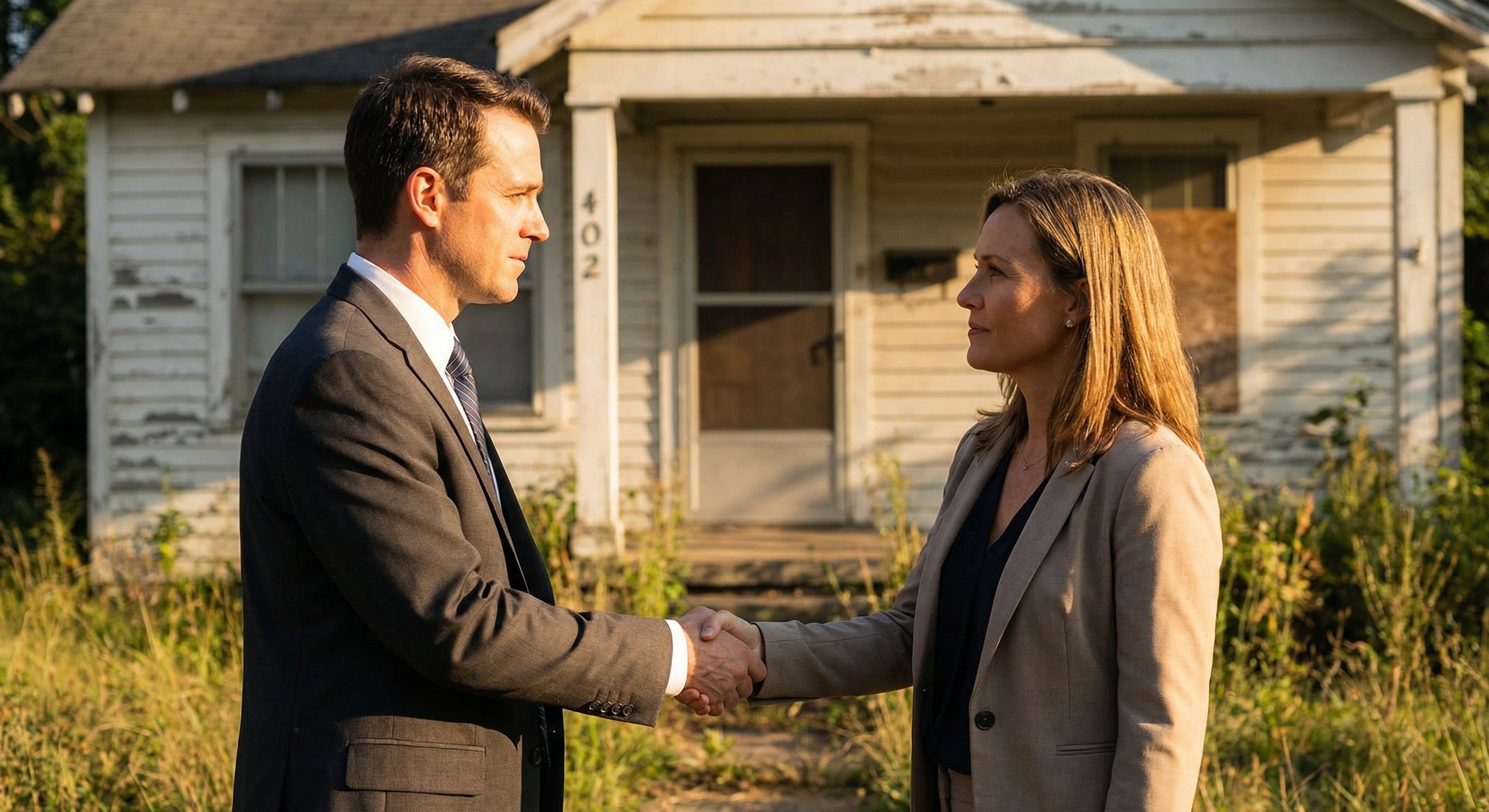A real estate investor and property owner shaking hands at a vacant residential property with visible signs of vacancy