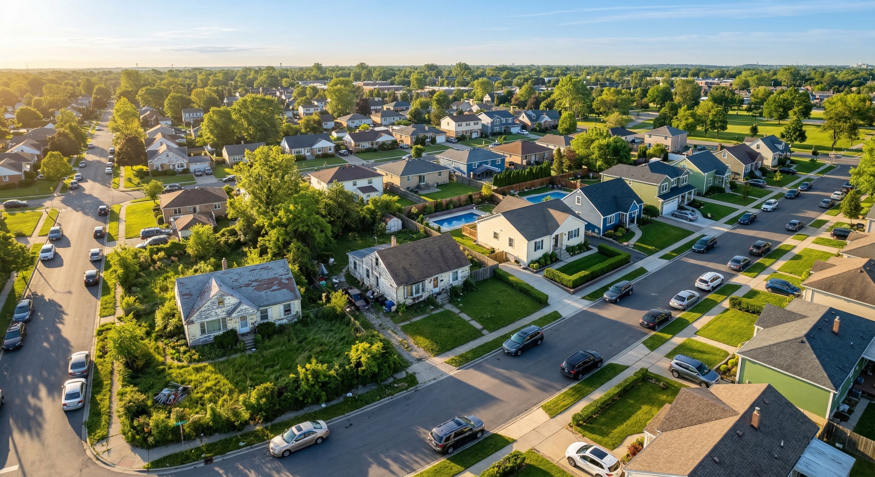 A photorealistic aerial drone photograph from 400 feet, looking slightly downward at a mixed residential neighborhood with a mix of single-family rentals and owner-occupied homes. Some properties show clear maintenance, others show overgrown yards and peeling paint. Morning golden light from the east, scattered clouds. Shot on DJI Mavic 3, 24mm wide angle. Real estate aerial photography.