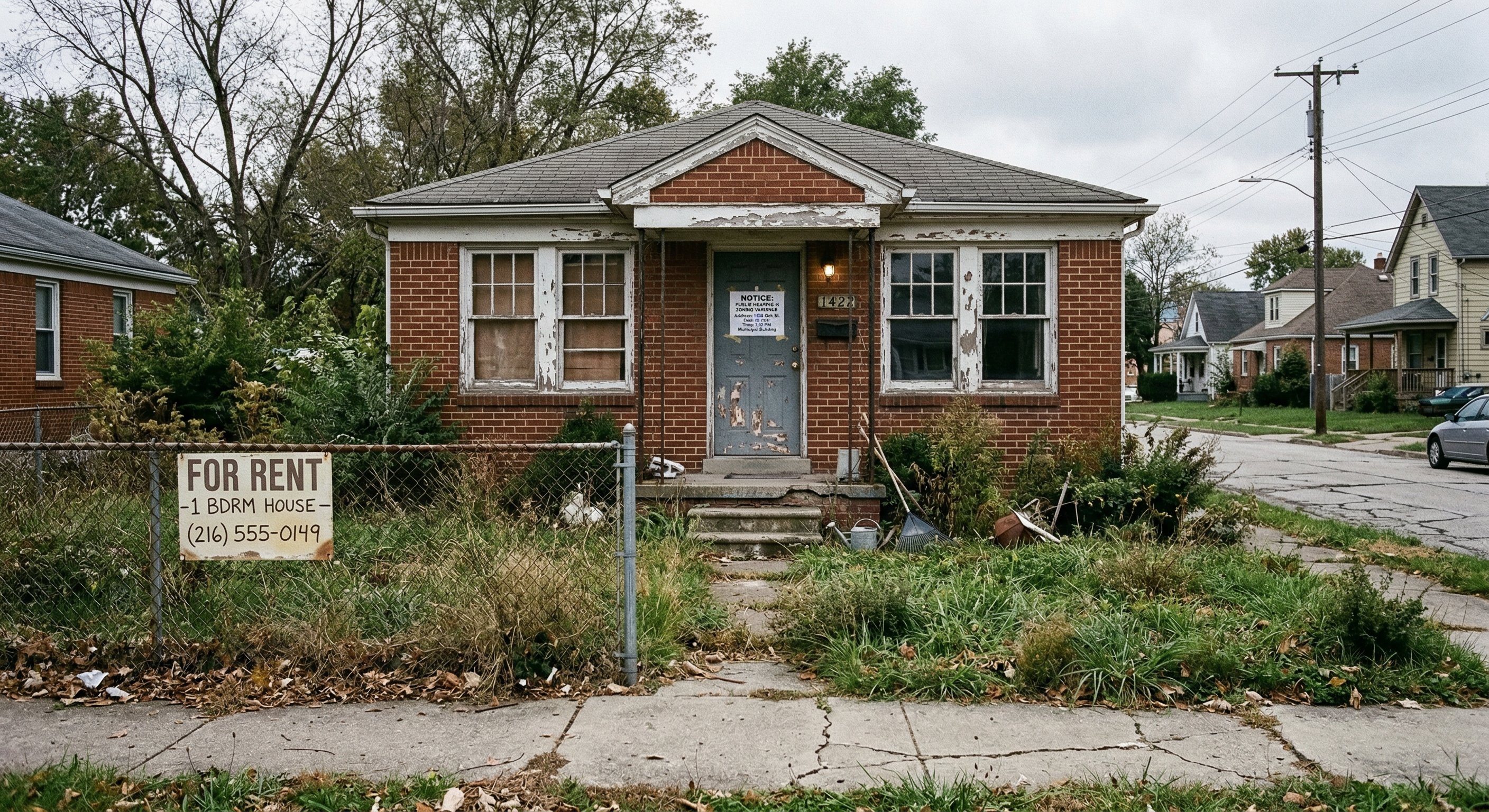 A photorealistic photograph of a weathered "For Rent" sign on a wire fence in front of a 1,950s-era single-story brick rental property with overgrown grass and a cracked concrete walkway. Overcast natural light. A faded notice is visible on the door. Shot on 35mm f/5.6, documentary real estate photography.