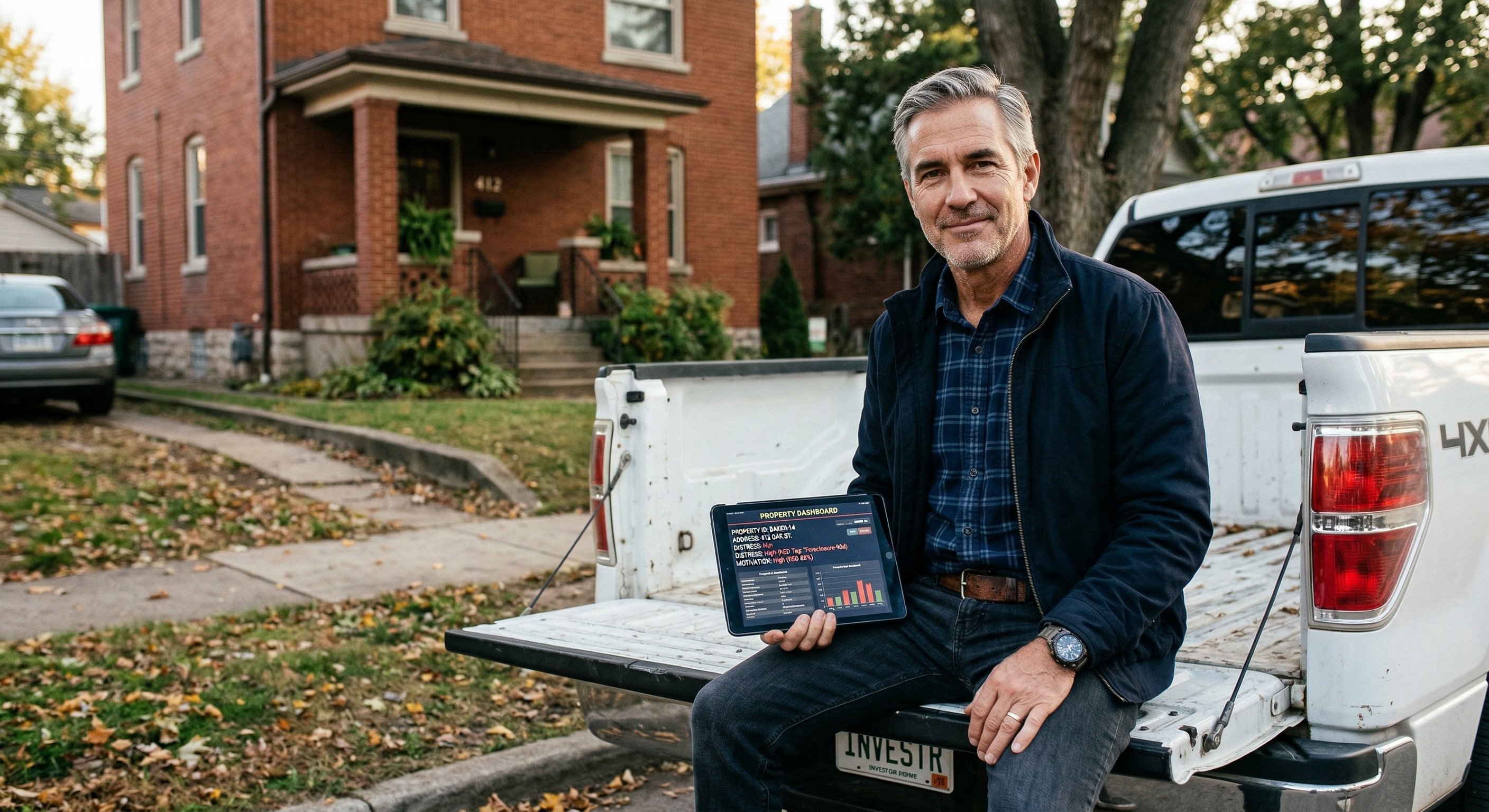 A photorealistic photograph of a confident mid-50s investor with a weathered face and silver temples sitting on the tailgate of a white pickup truck outside a modest brick single-family home. He's holding a tablet showing a property data dashboard with colored distress signal tags. Natural afternoon light, golden and warm. Visible pores, slight squint from the sun. Catchlight in eyes. Shot on 85mm f/2.2. Editorial documentary style.