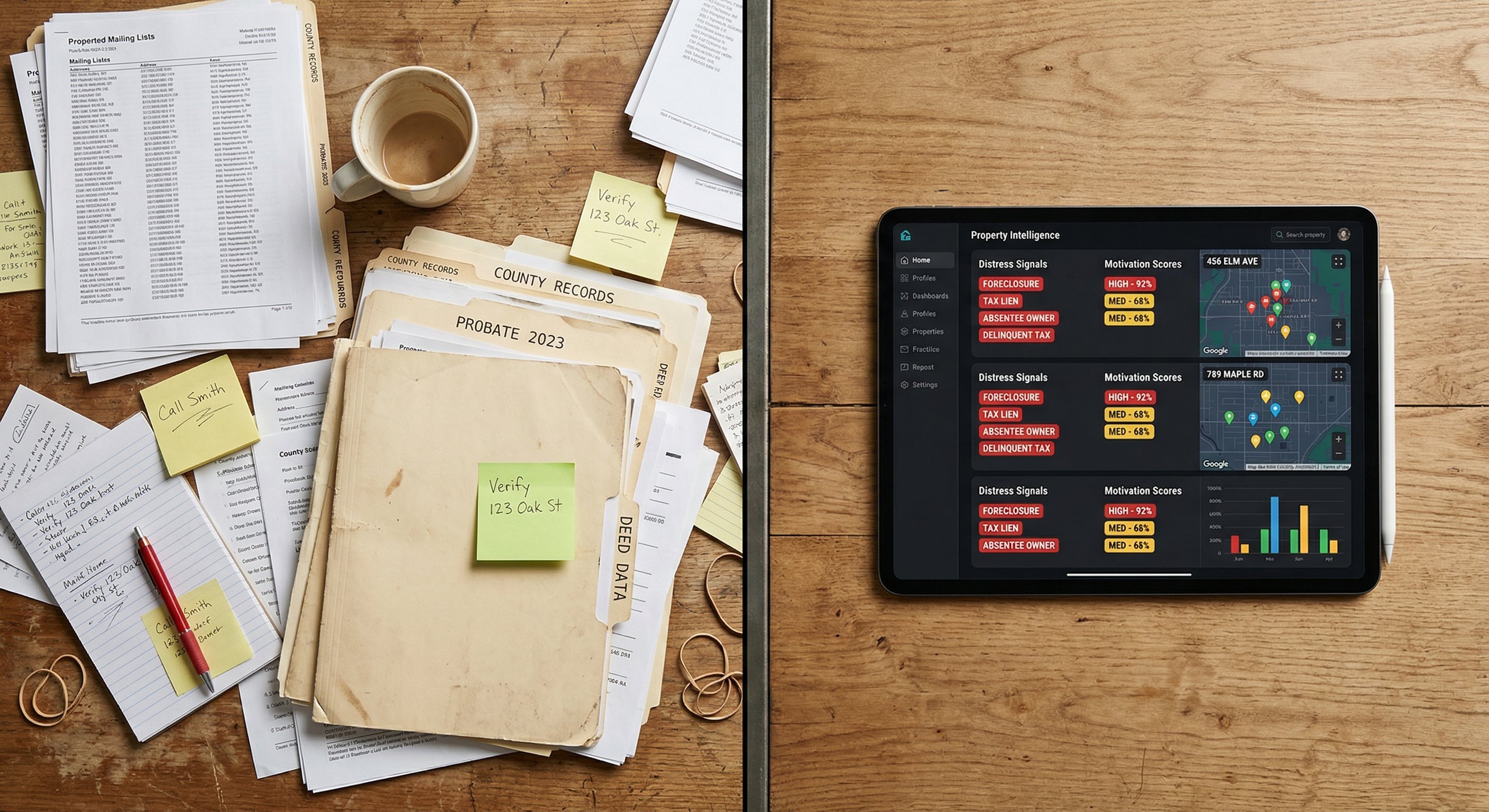 A photorealistic split-composition photograph showing contrast between two approaches: on the left, a cluttered desk covered with printed mailing lists and physical county records folders, coffee-stained papers; on the right, a clean modern tablet showing a dark-themed property intelligence dashboard with color-coded distress signal indicators and motivation scores. Neutral diffused lighting. Shot overhead at 45 degrees. Editorial product photography.
