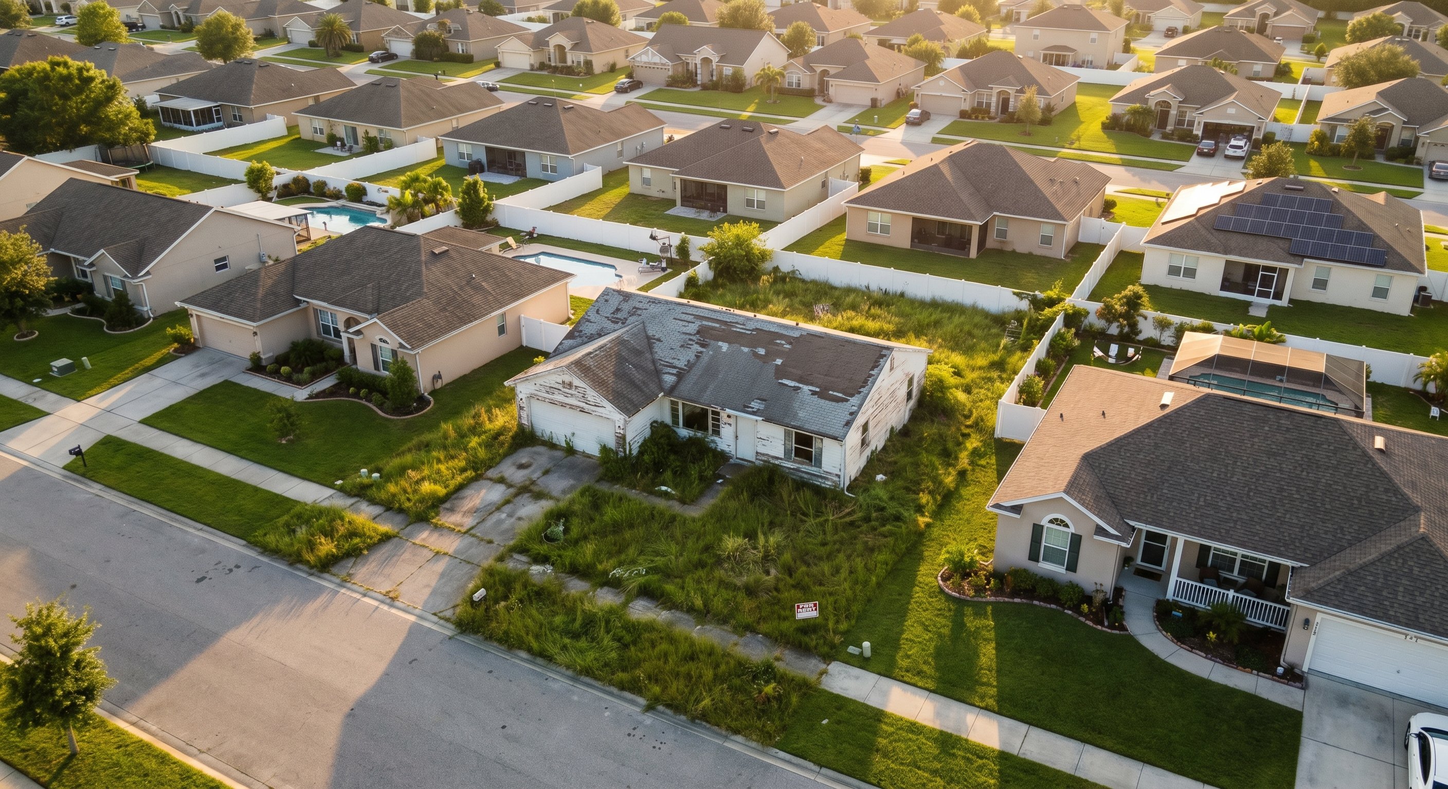 Aerial drone photo of a suburban neighborhood with one rental property showing overgrown lawn and peeling paint surrounded by well-maintained homes, golden hour light.