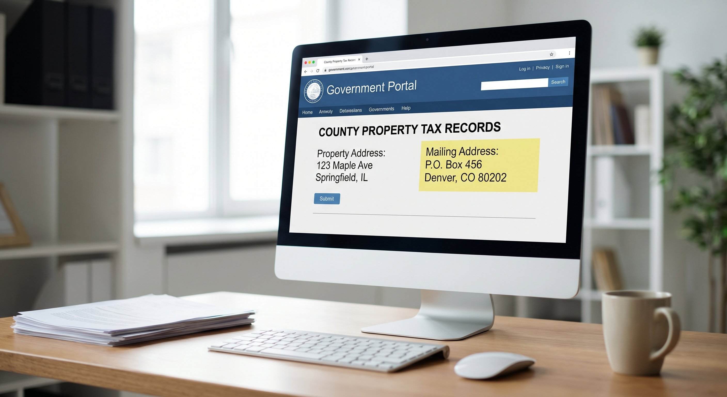 Close-up of county property tax records on a computer screen showing a property address and a different out-of-state mailing address highlighted in yellow, professional office setting.