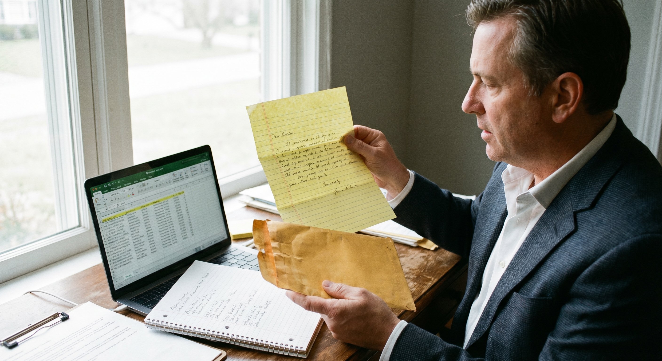 Medium shot of a real estate investor holding a yellow handwritten letter and an envelope at a desk with address lists and a laptop, natural window light.