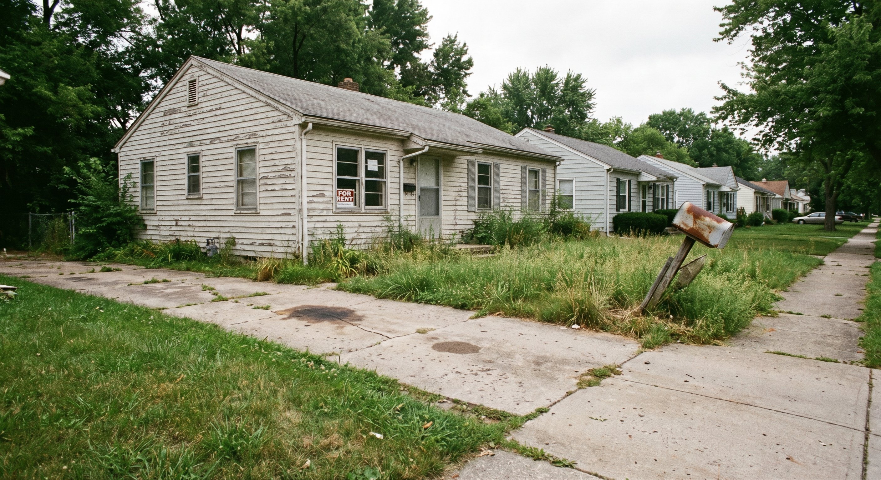 Street-level photo of a neglected single-family rental home with overgrown grass, cracked driveway, and a broken mailbox in a quiet suburban neighborhood.