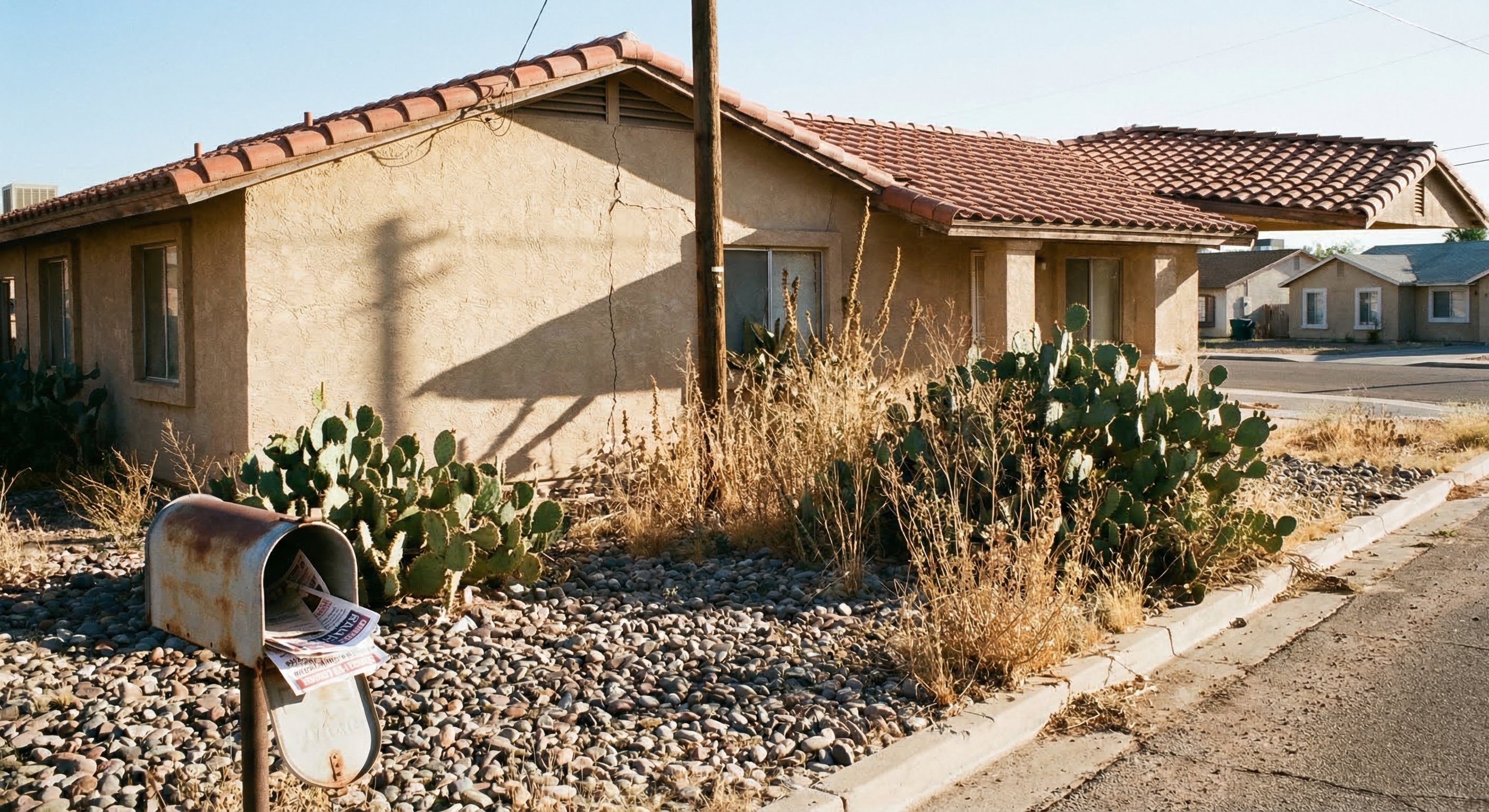 Street-level view of a vacant Arizona ranch-style stucco home with terracotta tile roof, overgrown desert landscaping with prickly pear cactus, and a faded for-sale sign, harsh afternoon sunlight