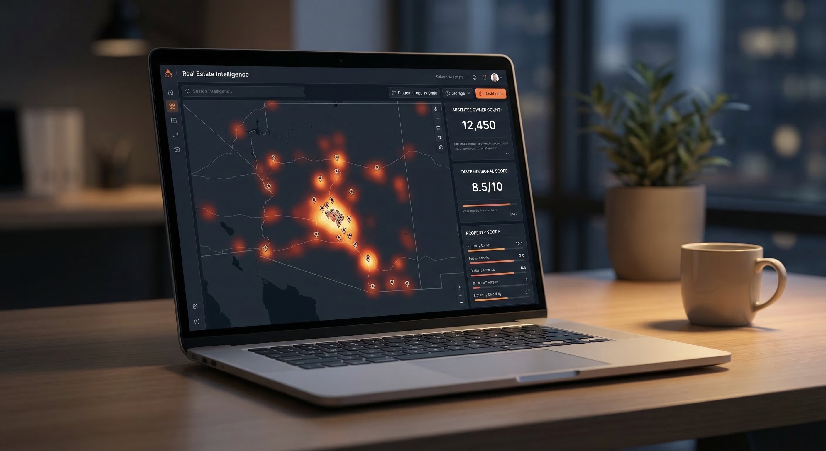 Modern laptop displaying a dark-themed property intelligence dashboard with Arizona state map, distress signal heat map overlay in orange and red, and property data cards