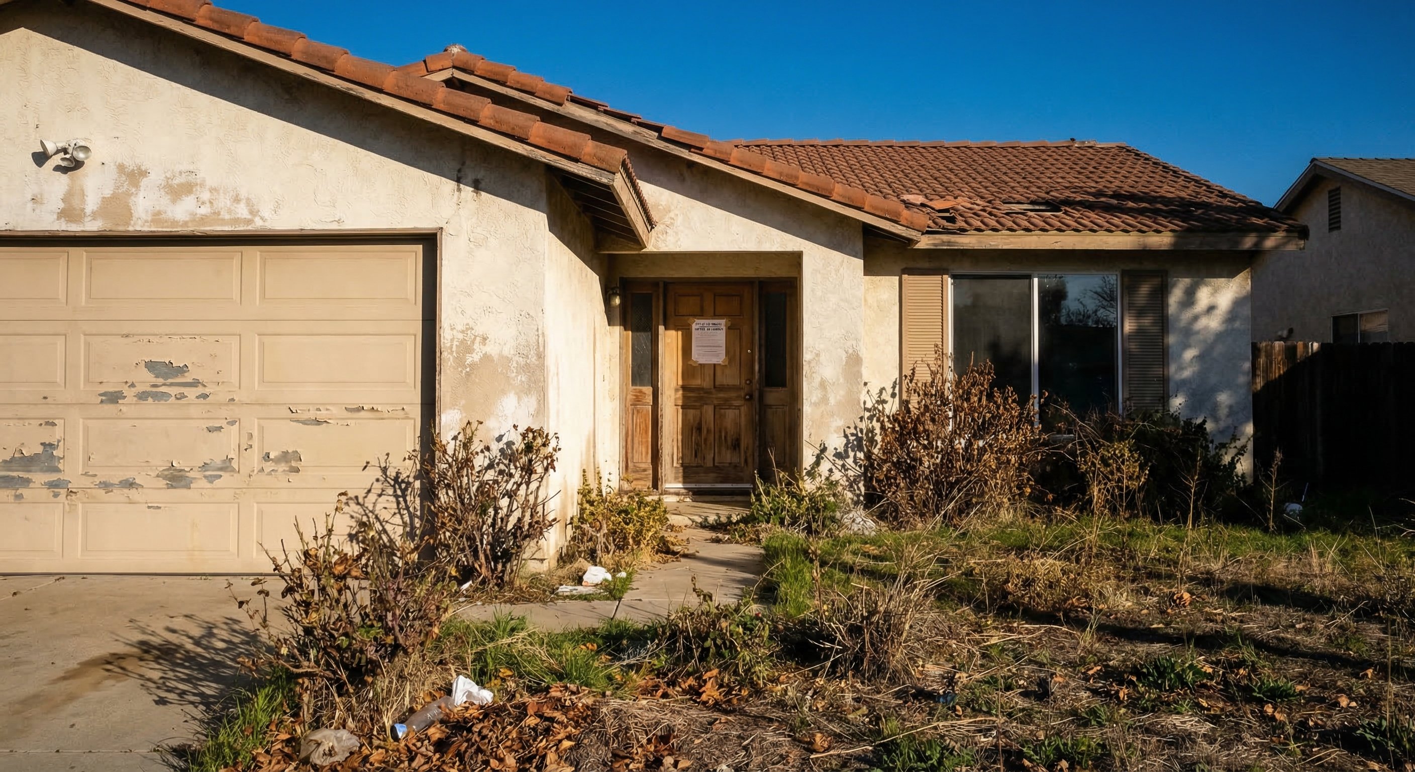 Neglected Spanish-style California home showing signs of absentee ownership