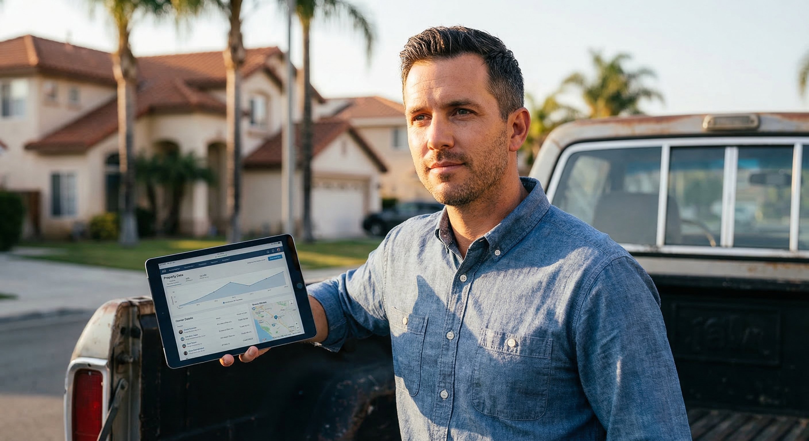 Real estate investor reviewing California absentee owner data on tablet at a property