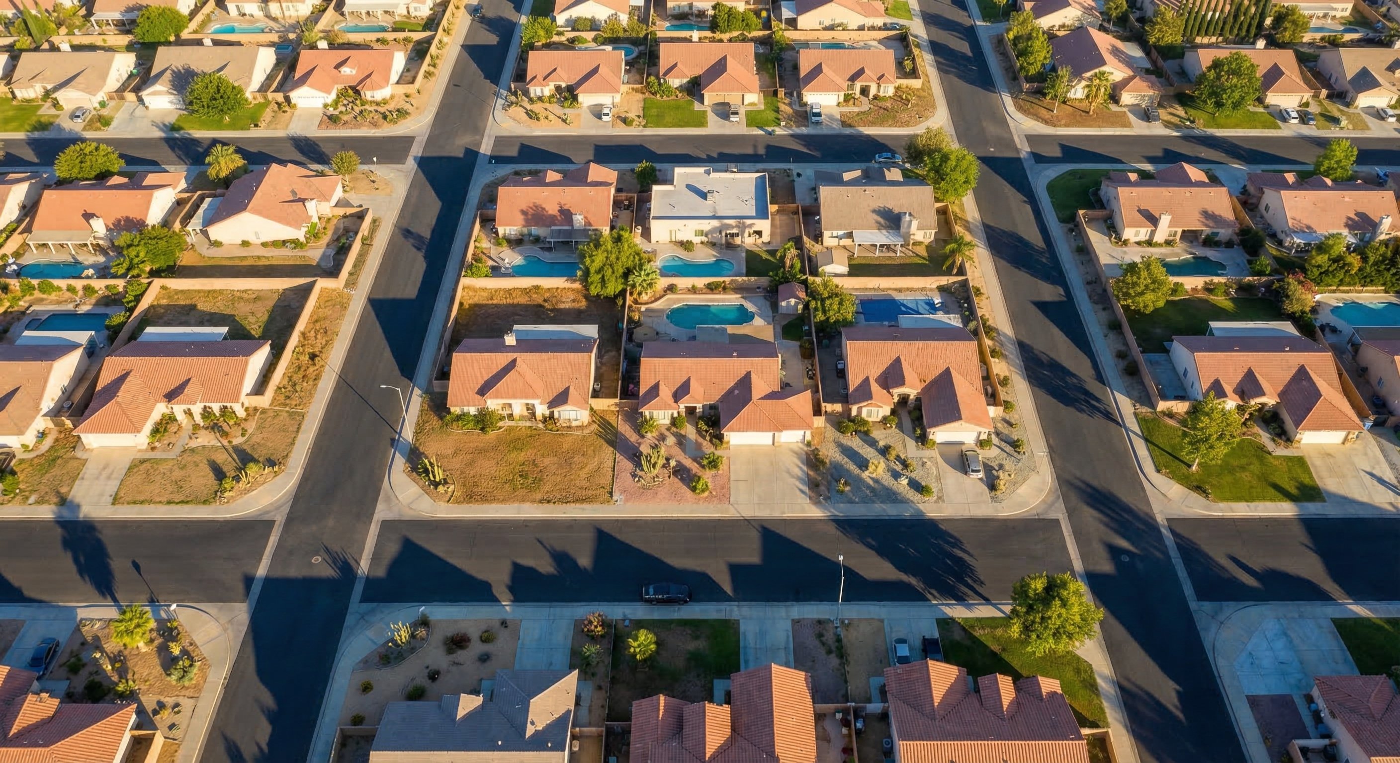 California suburban neighborhood aerial view from drone