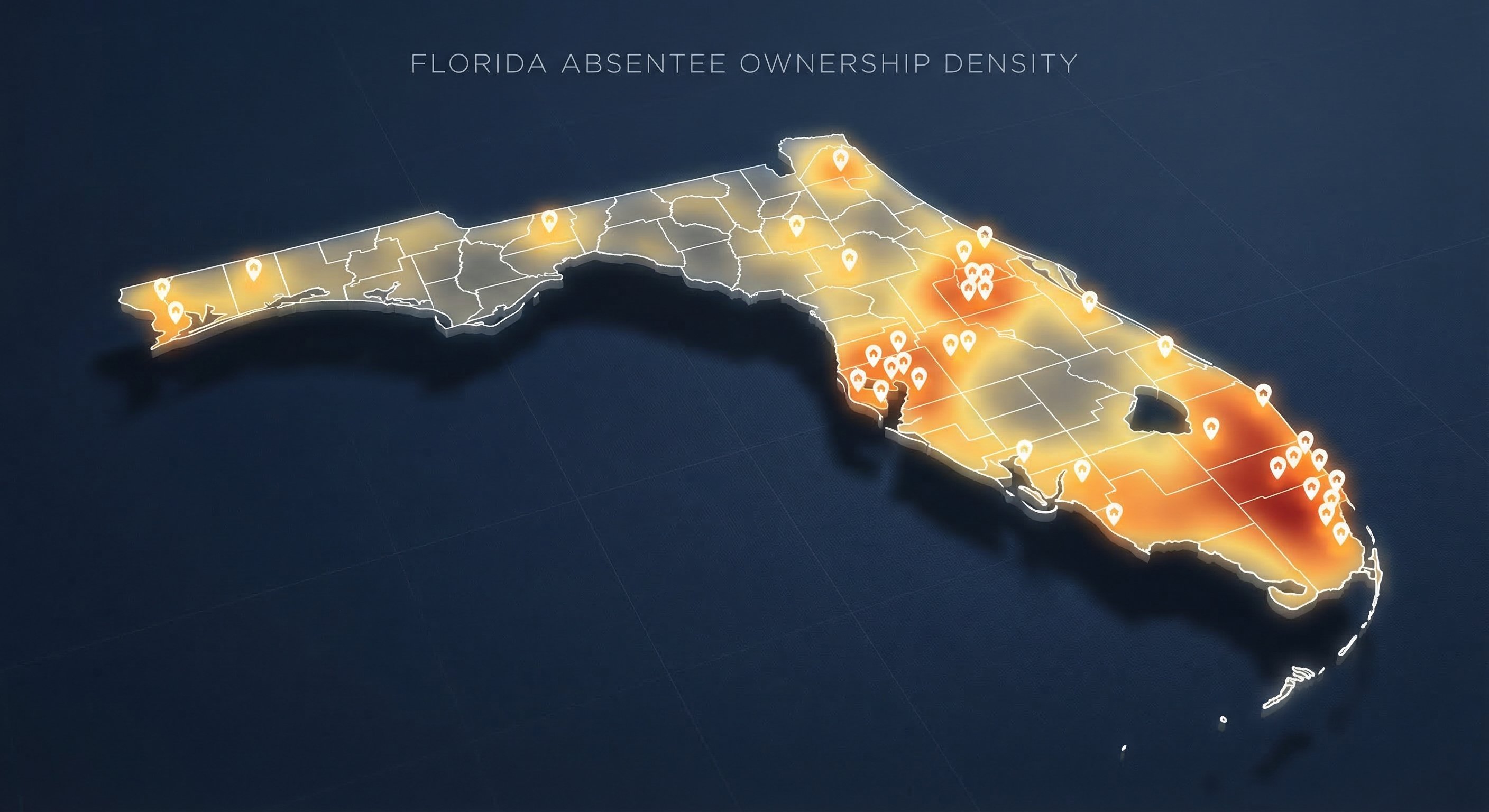 Florida county property data visualization showing absentee ownership concentration with heat overlay across Miami-Dade, Broward, and Tampa Bay regions