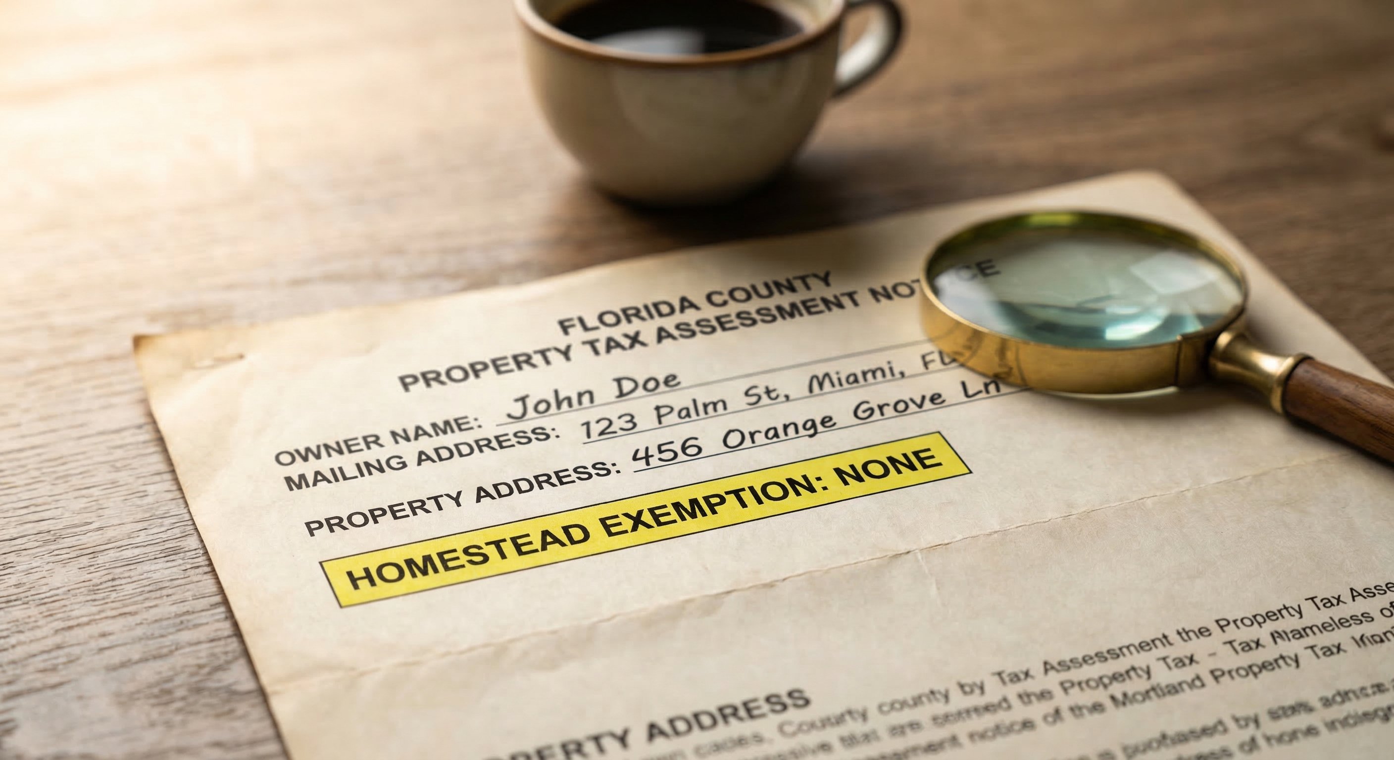 County property appraiser tax assessment document showing non-homestead exemption status with highlighted fields on a wooden desk