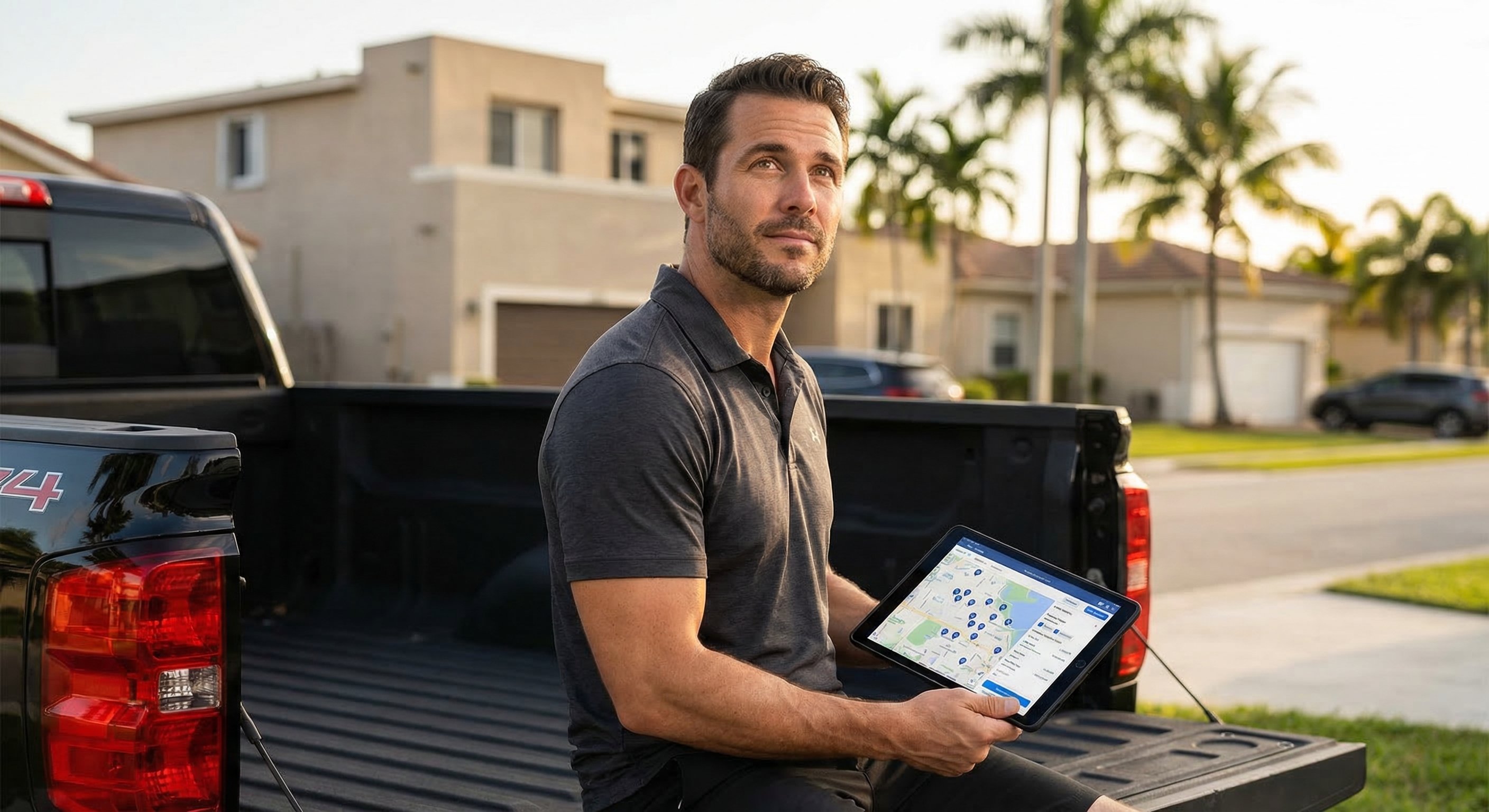 Male real estate investor in his mid-30s reviewing property data on a tablet while sitting on a truck tailgate in a South Florida neighborhood with stucco homes and palm trees