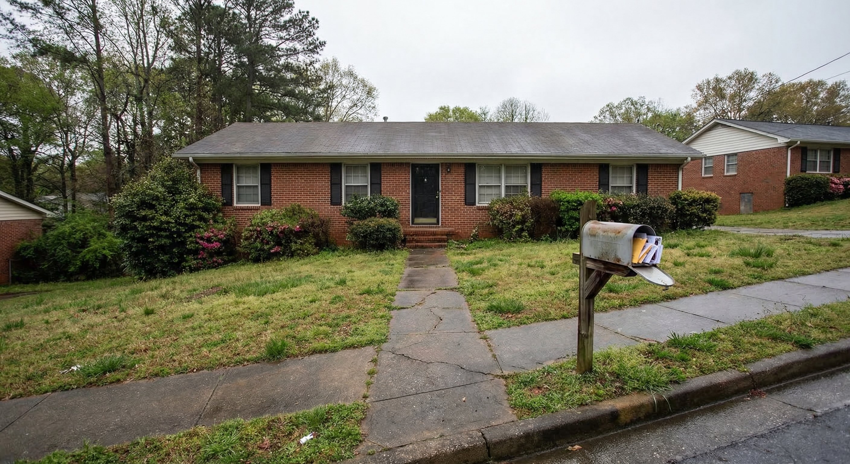 A brick ranch-style Georgia home with a slightly overgrown front lawn and no visible personal items — signs of absentee ownership in a suburban Atlanta neighborhood