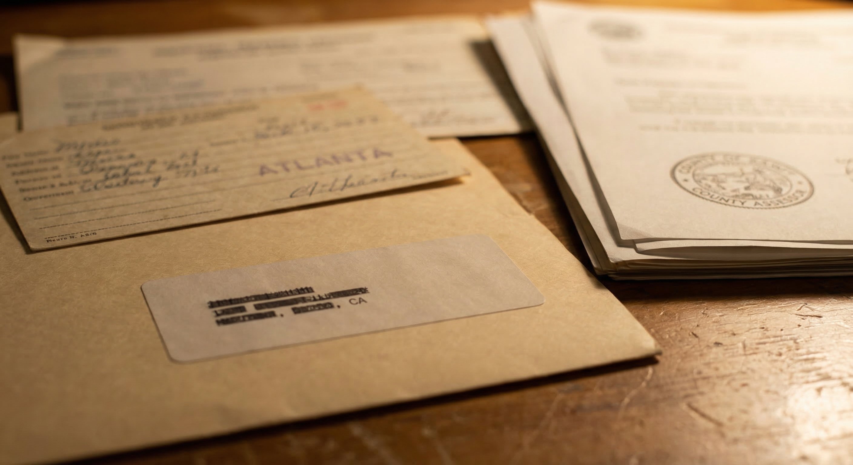 Georgia county tax assessor public records documents on a wooden desk — property ownership files showing mailing addresses different from property locations