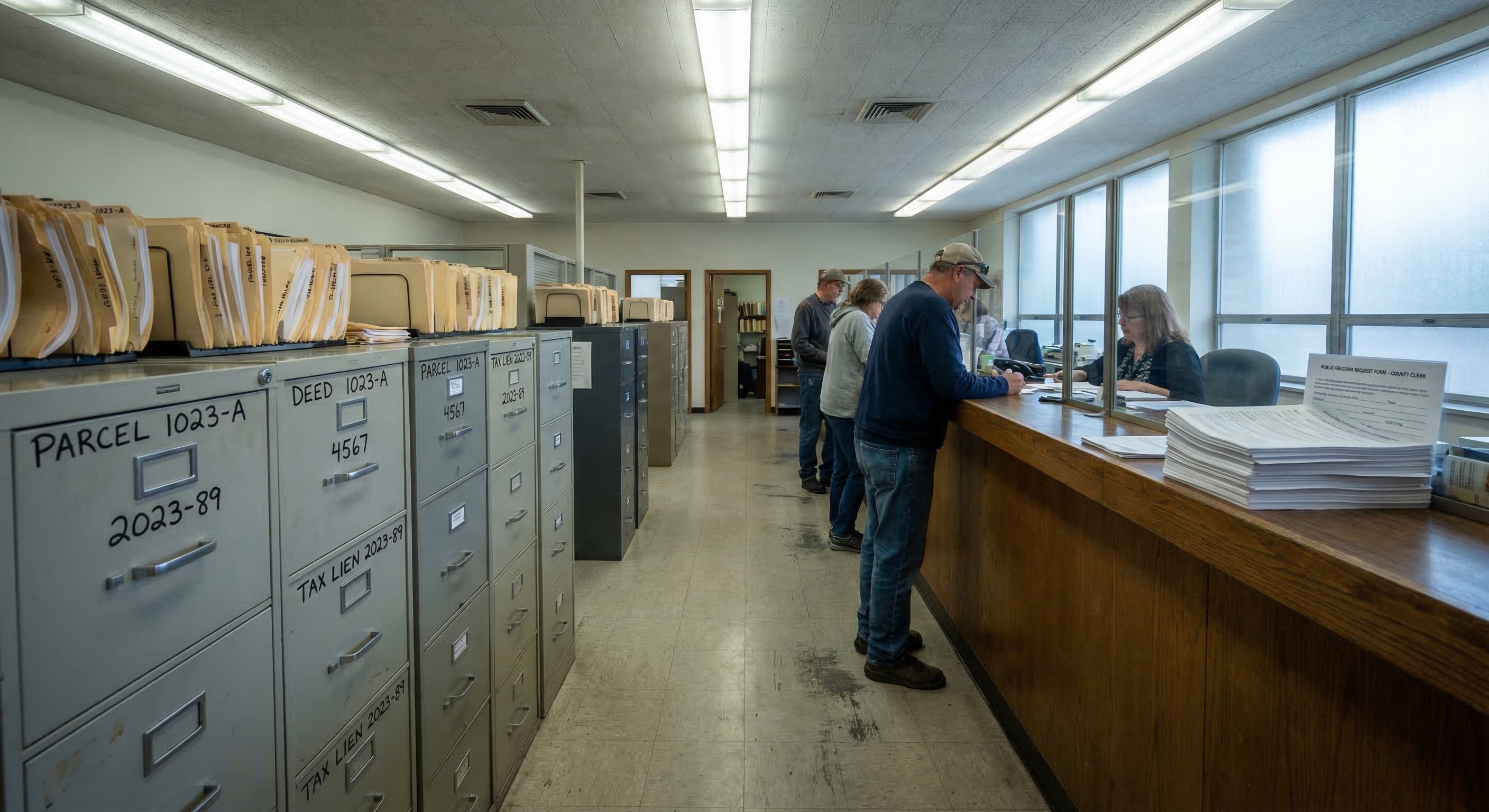 County courthouse records room with rows of property filing cabinets and natural light, documentary style photography