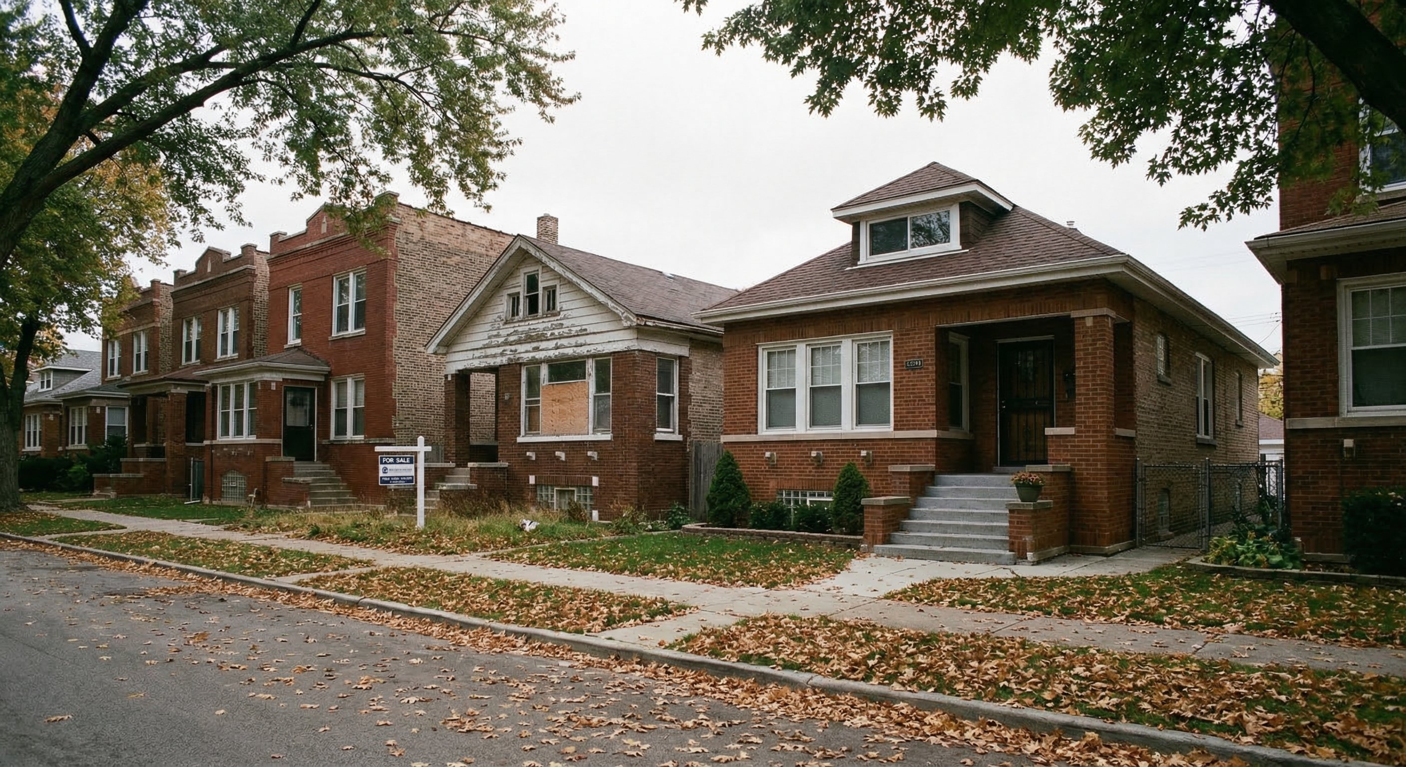 Wide-angle street-level view of a Chicago residential block with brick row houses, varying maintenance levels, tree-lined sidewalk, autumn leaves