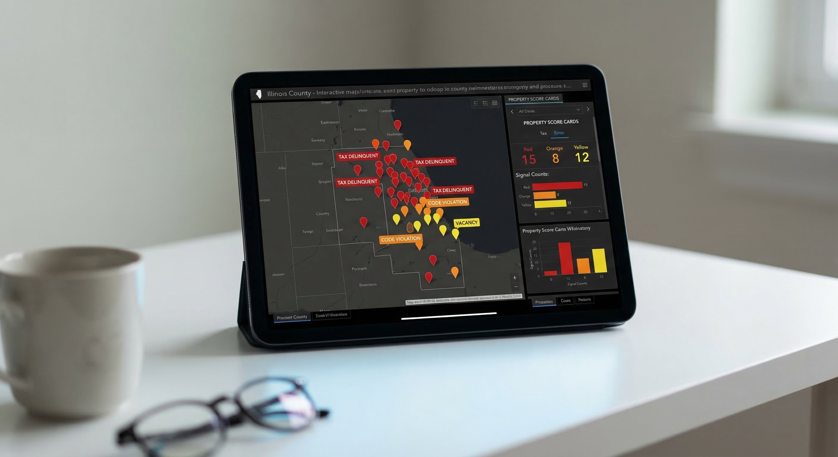 Stylized property data dashboard on a modern tablet showing Illinois county map with colored distress signal pins and property score overlay