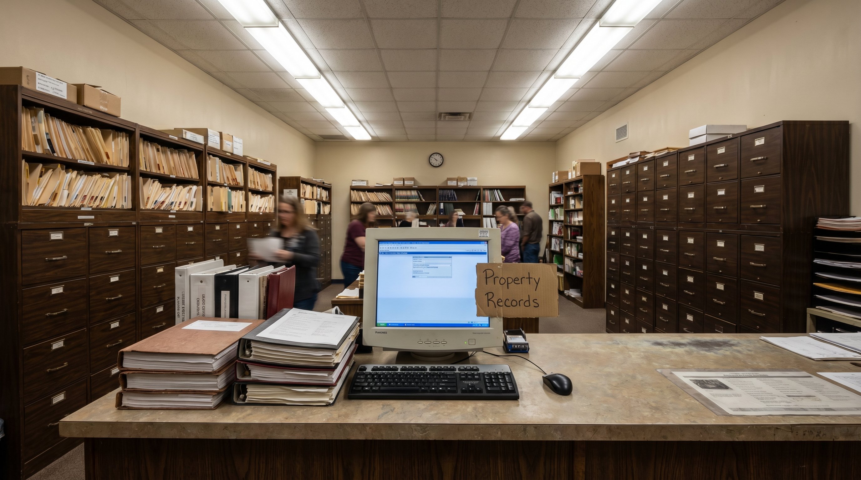 Interior of a county clerk records office with filing cabinets and public computer terminal for property records