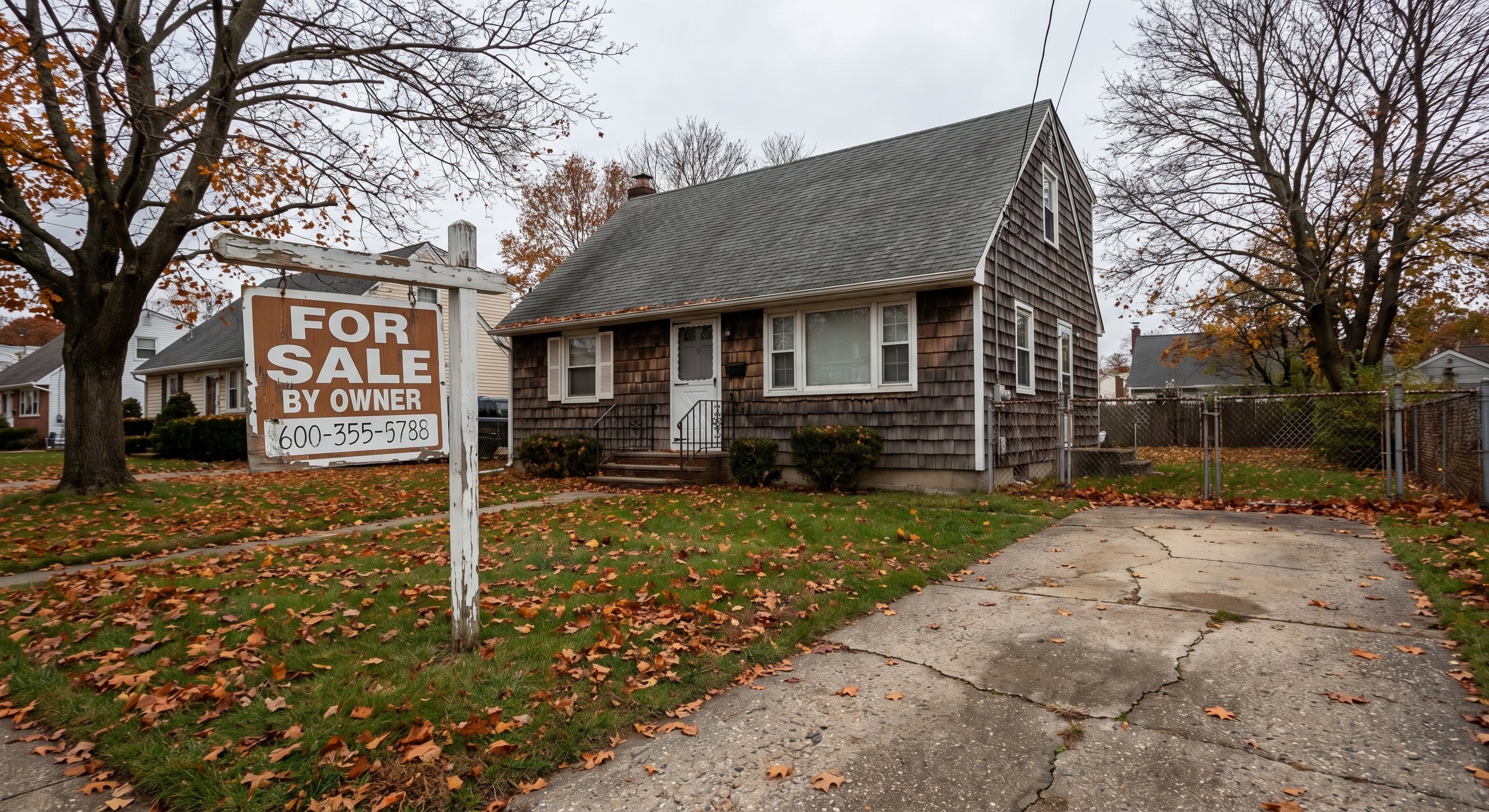 Weathered for-sale sign in the front yard of a Cape Cod style home on Long Island, New York