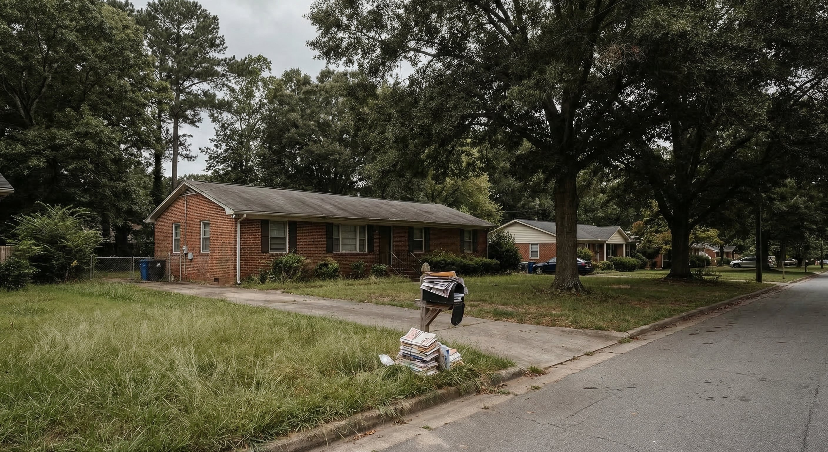 Brick ranch home in suburban Raleigh, NC with slightly overgrown lawn and accumulated mail at the mailbox, trees lining the quiet street