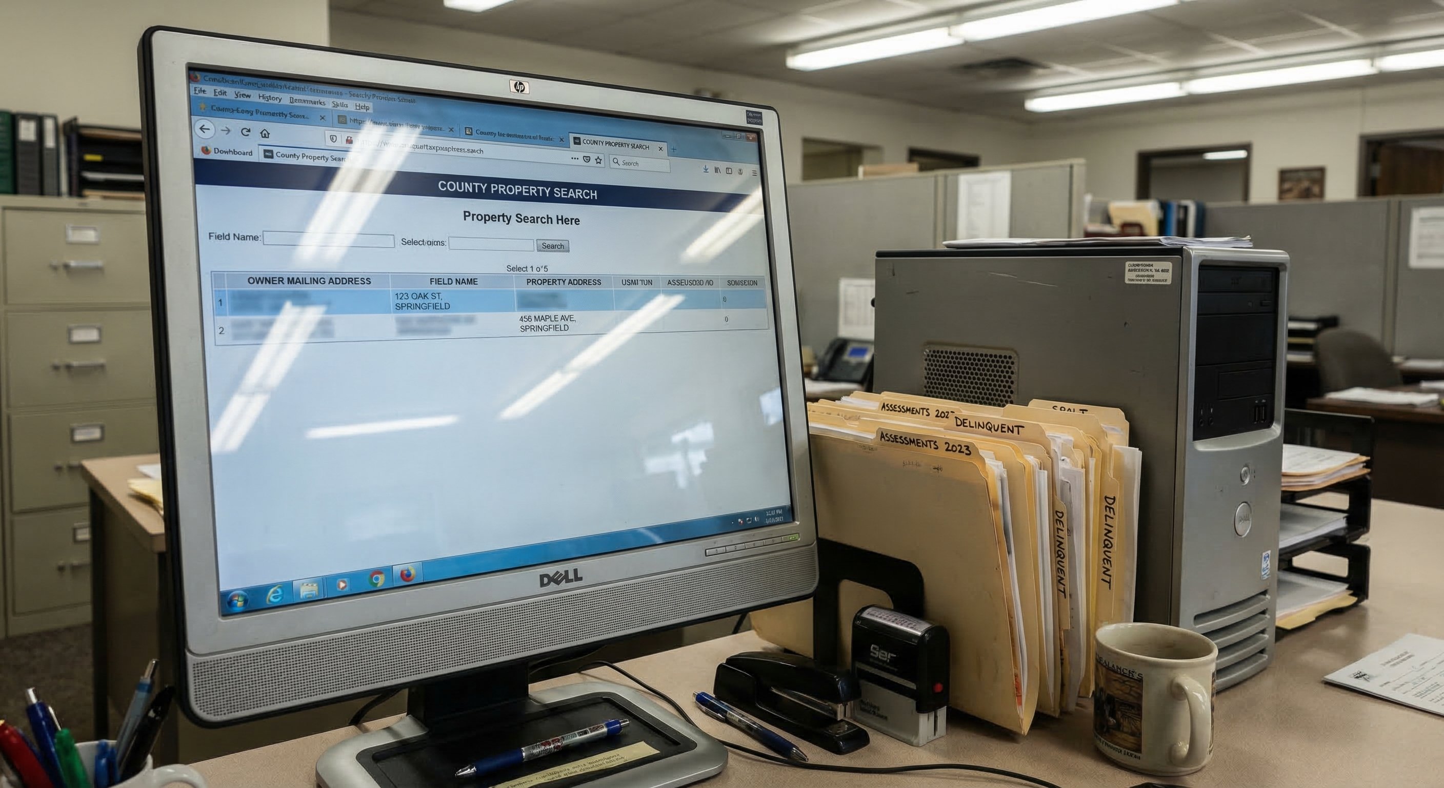 County property records on a desktop computer screen showing owner mailing address versus property address fields — assessor office with fluorescent lighting