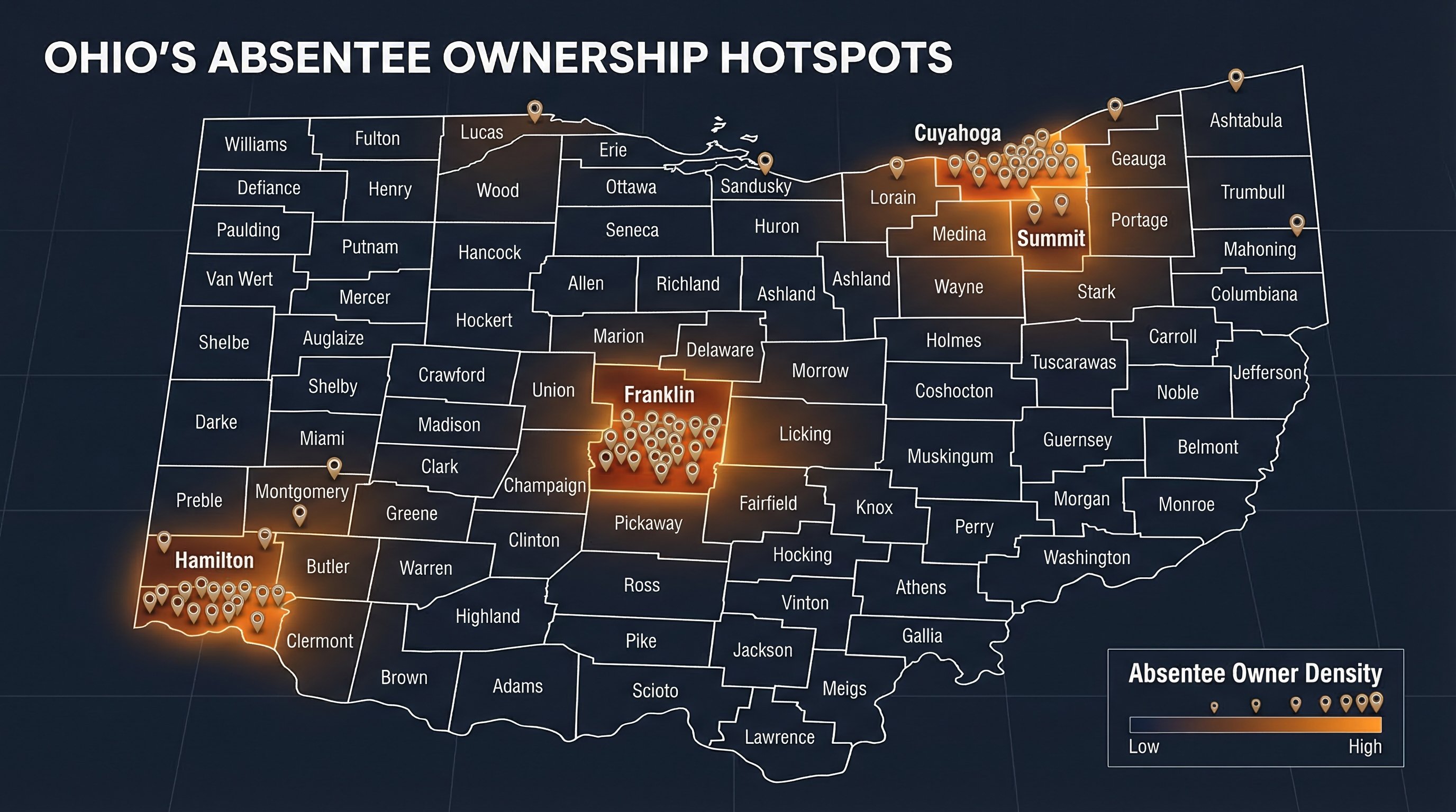 Ohio state map highlighting absentee owner hot spots in Cuyahoga, Franklin, Hamilton, and Summit counties