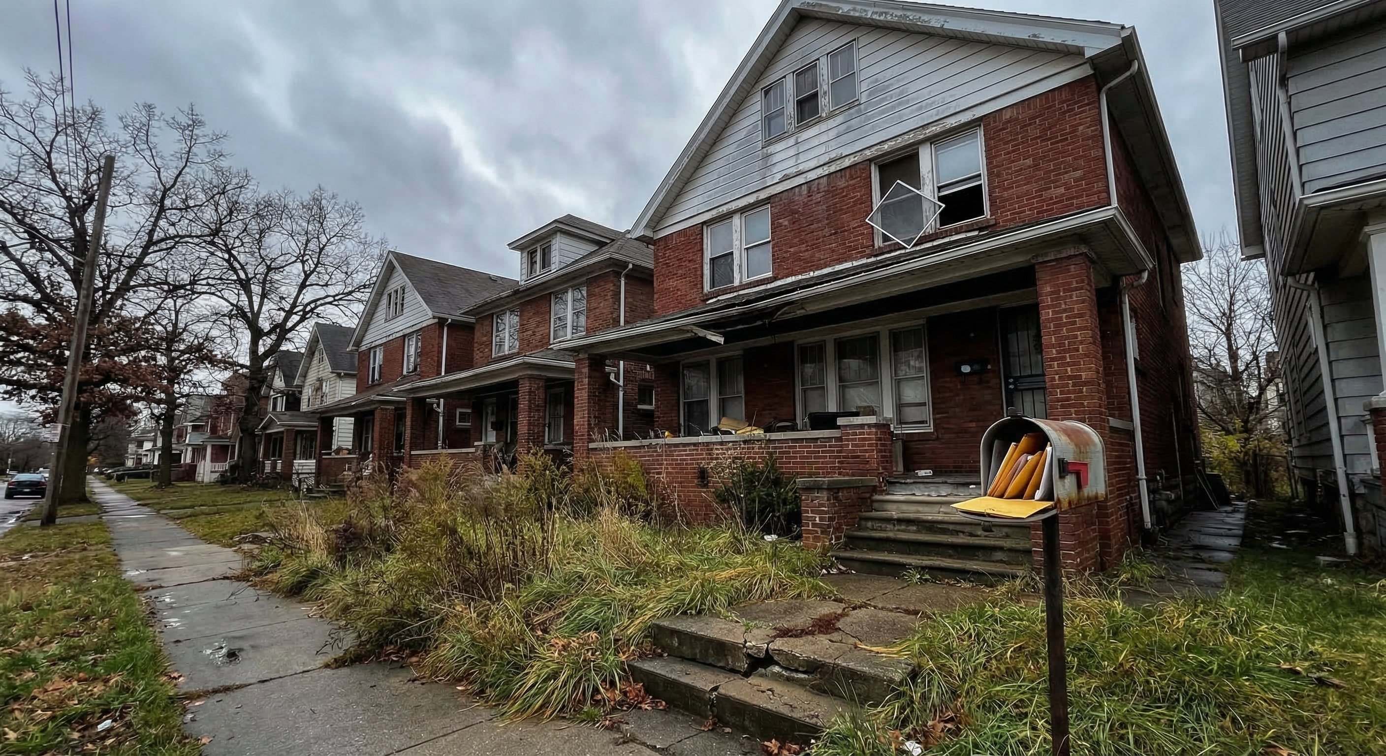 Weathered brick row home in Cleveland East Side neighborhood showing deferred maintenance typical of absentee-owned rental properties