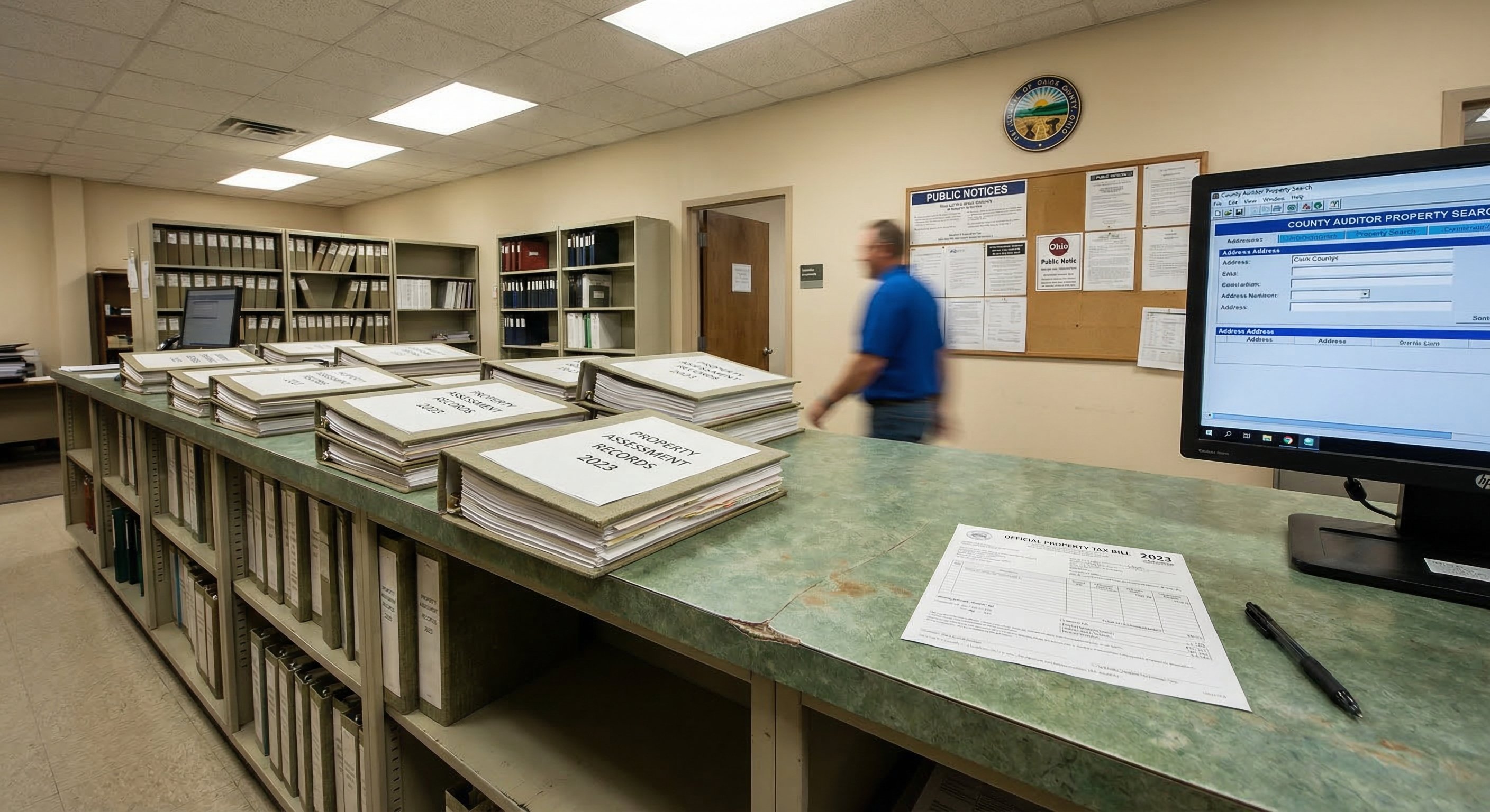 Ohio county auditor records office interior with property tax assessment binders and public records database on screen