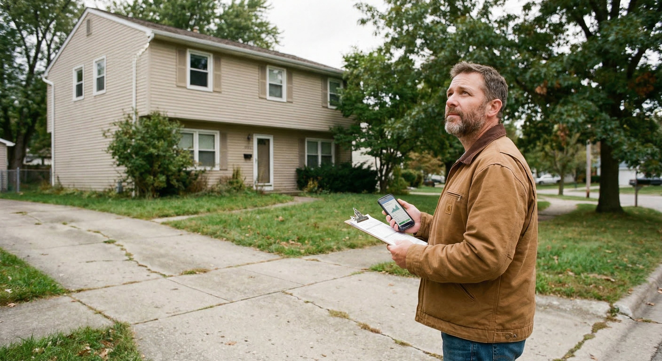 Real estate investor reviewing property notes on clipboard at a Columbus Ohio suburban home with deferred maintenance