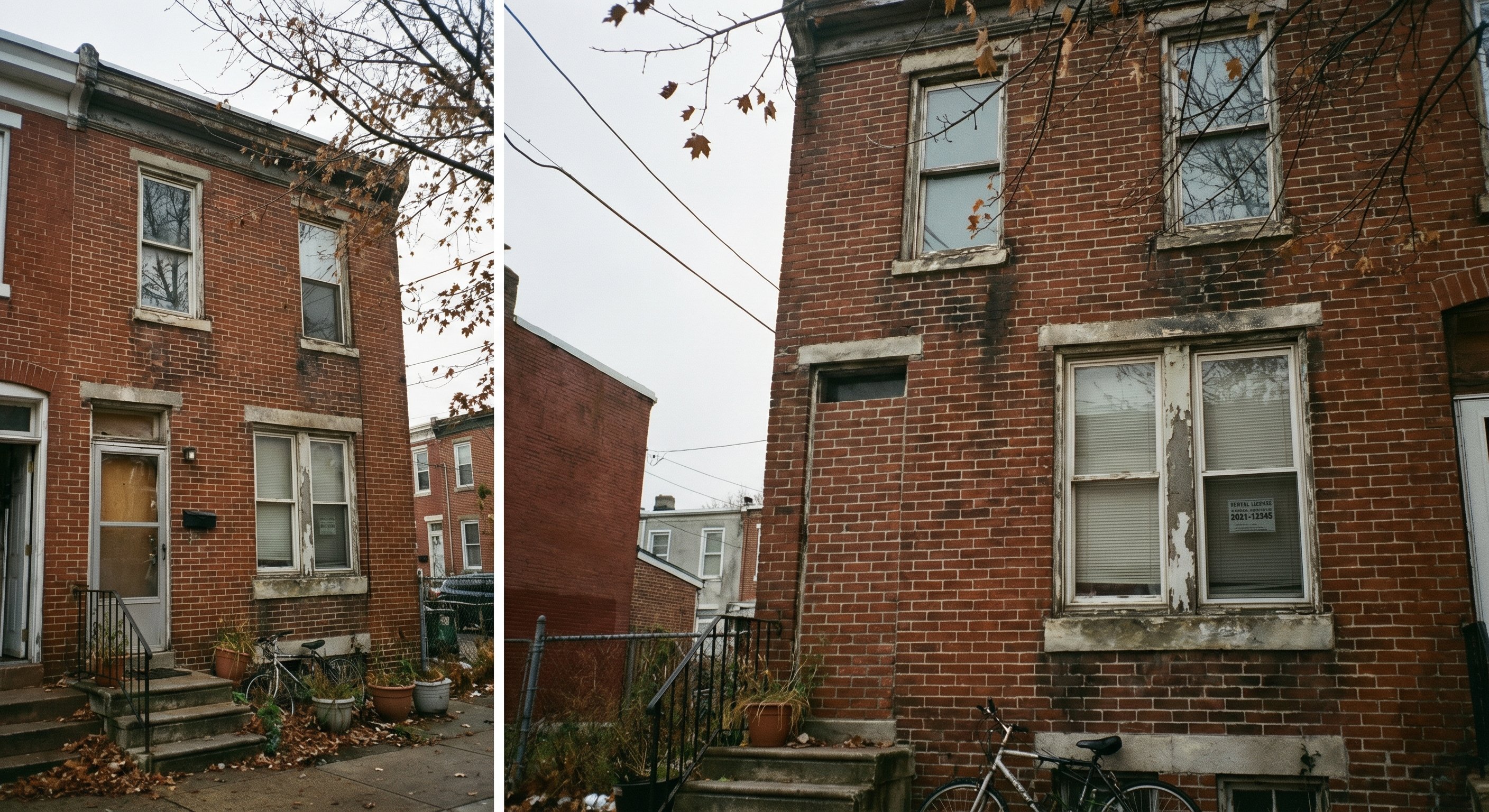 Worn brick row home in a Philadelphia neighborhood showing rental property condition