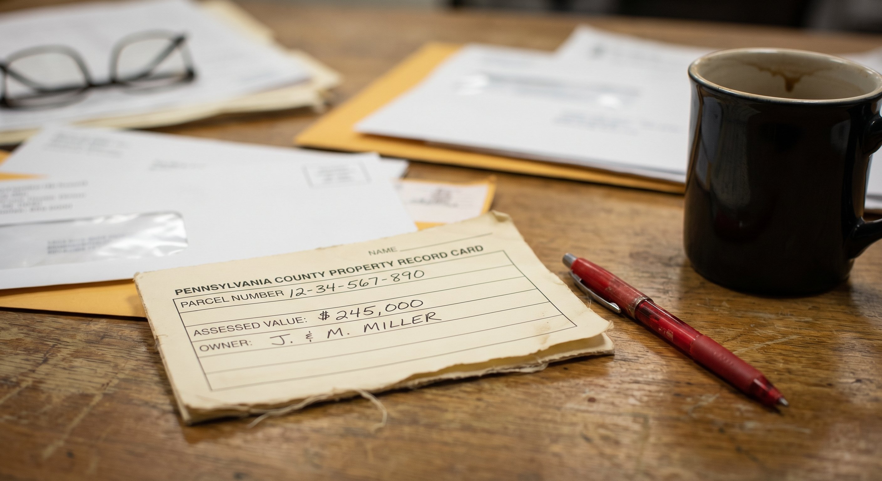 Property assessment documents on a wooden desk showing Pennsylvania county records