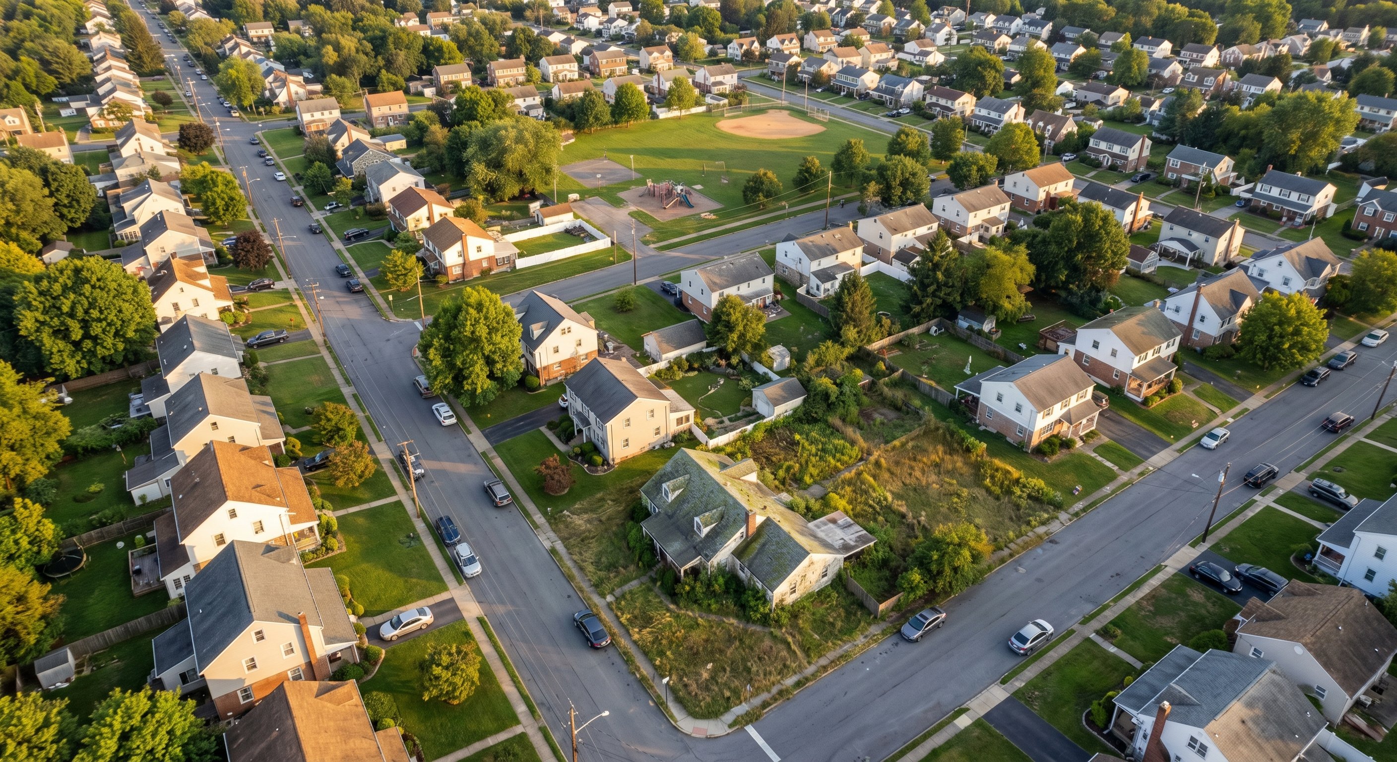 Aerial view of a suburban Pennsylvania neighborhood showing varied property conditions