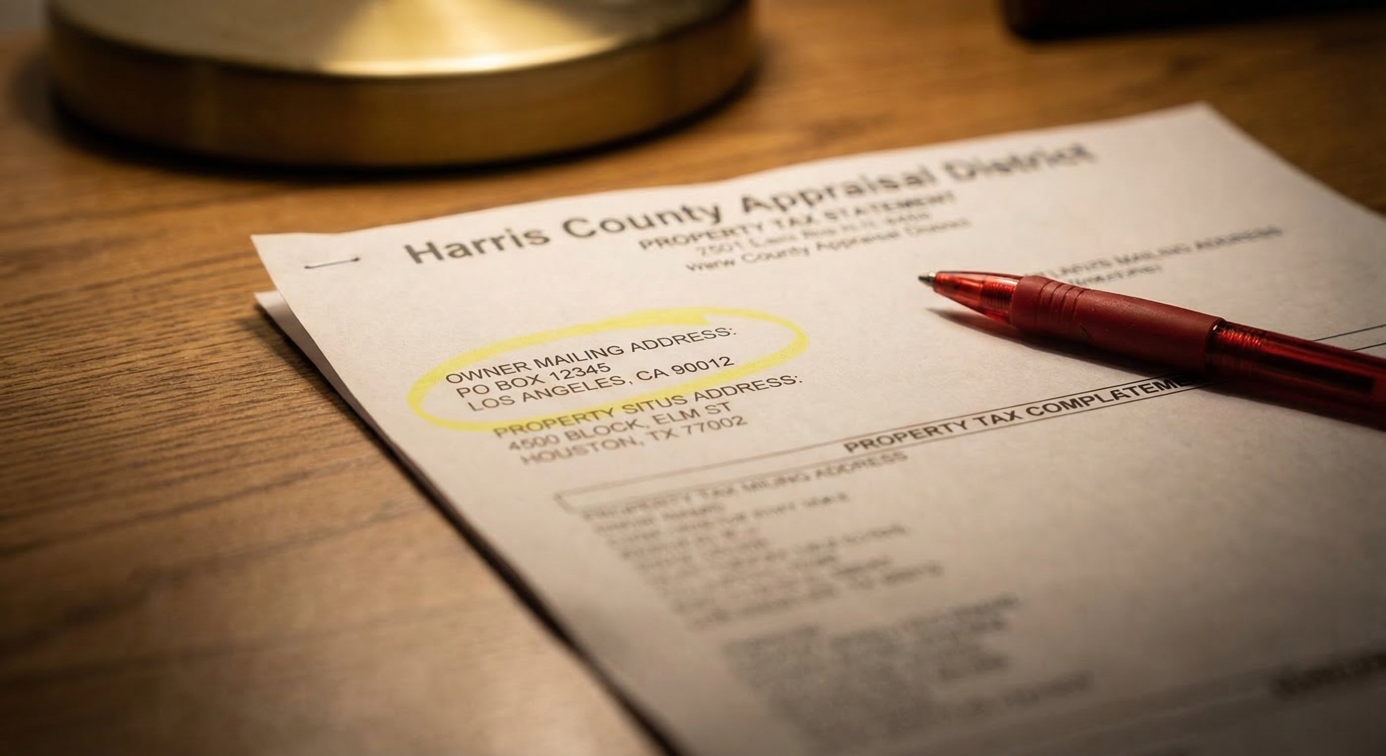 County appraisal district property record showing Texas property address with California owner mailing address — the core signal of absentee ownership