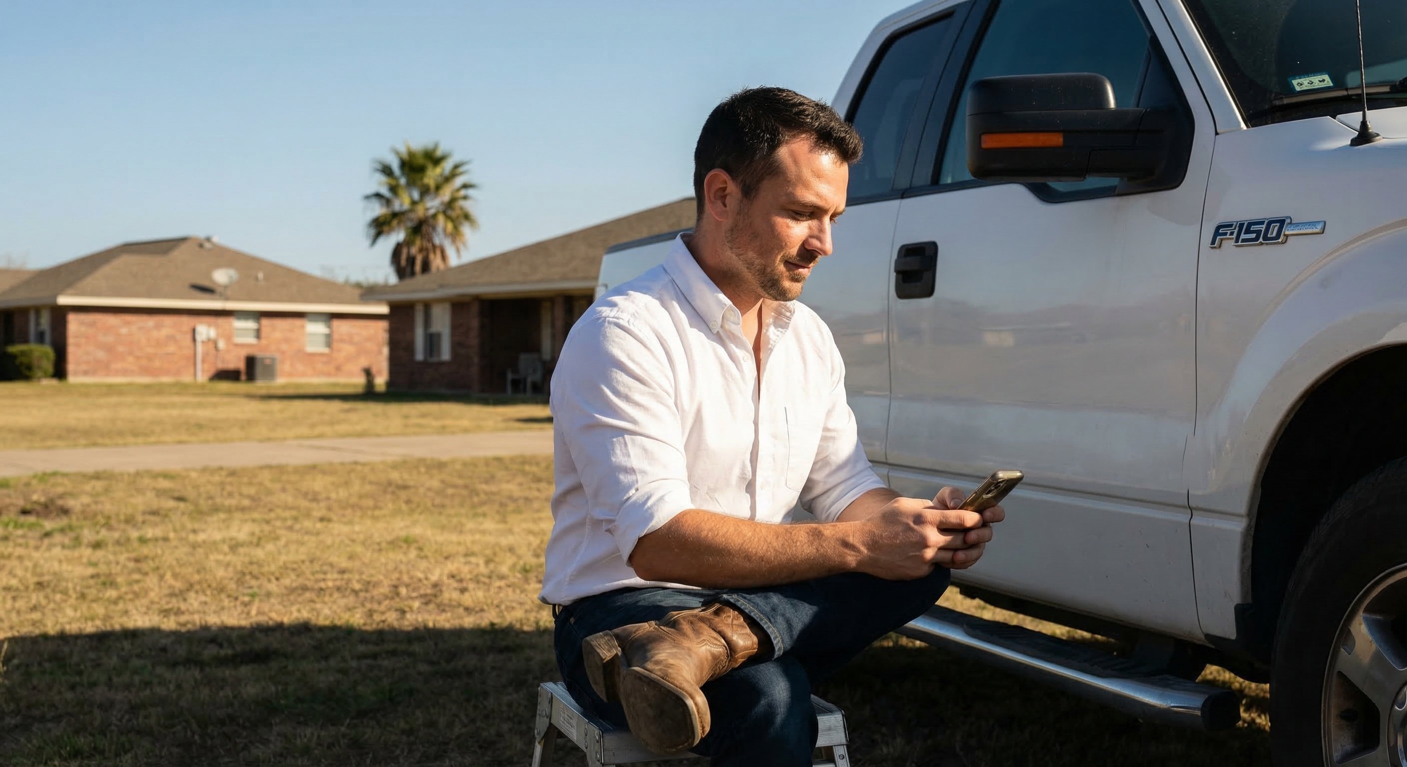 Real estate investor in a white pickup truck reviewing a property map on his phone between site visits in suburban Texas