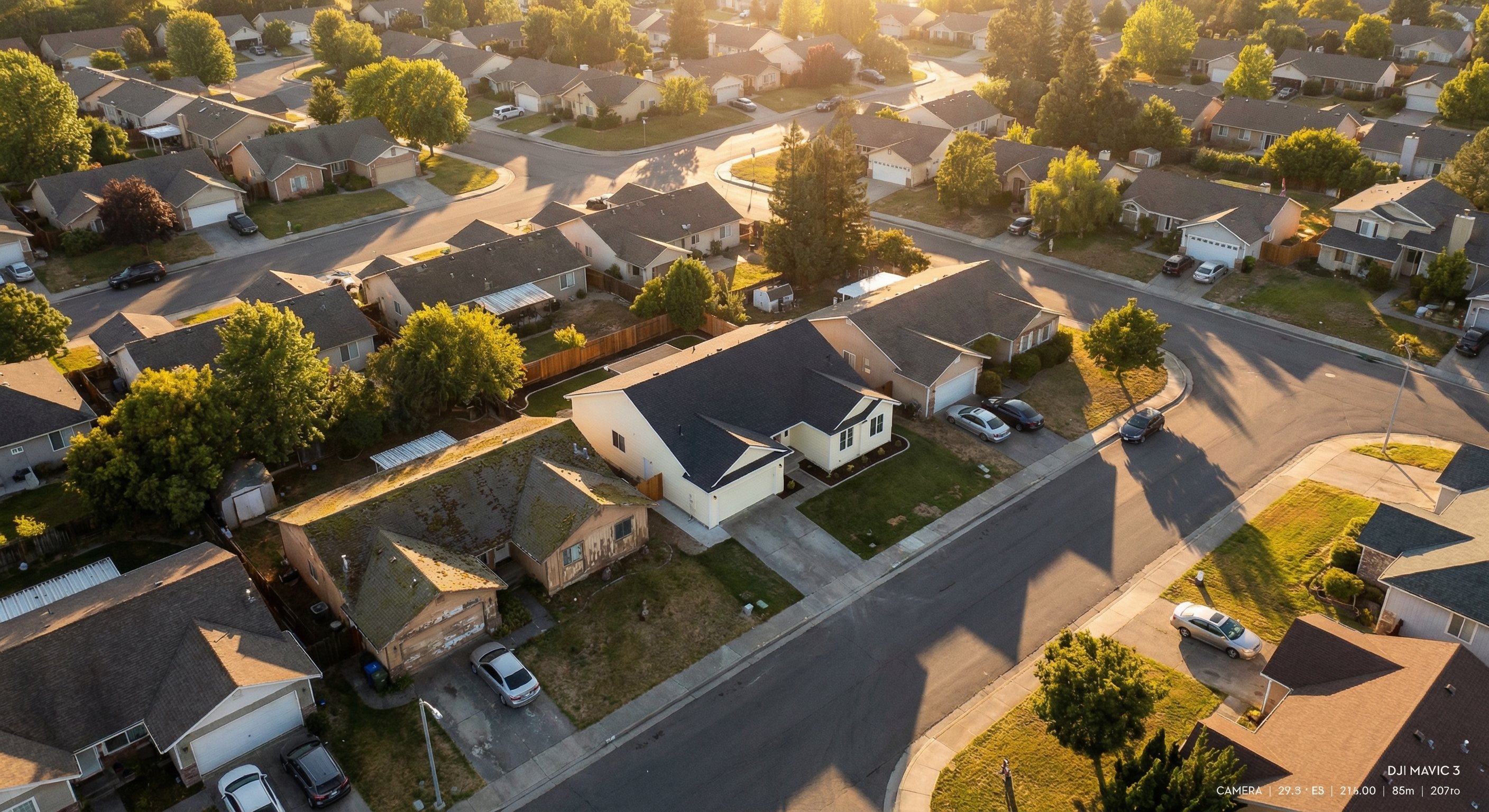 Aerial view of a suburban neighborhood showing the contrast between renovated and unrenovated properties, the context for understanding after repair value
