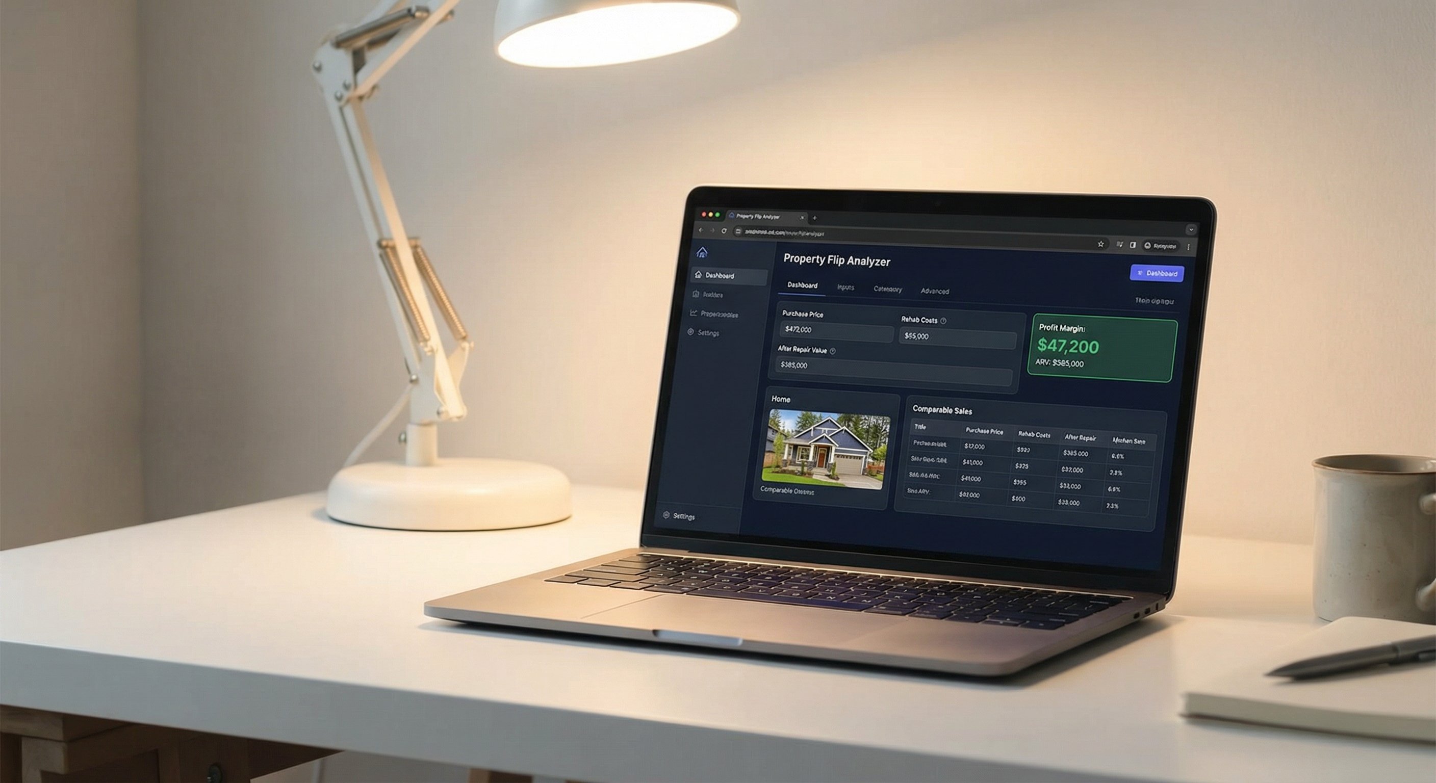 Property flip analysis dashboard showing ARV calculation inputs, comparable sales, and profit margin outputs