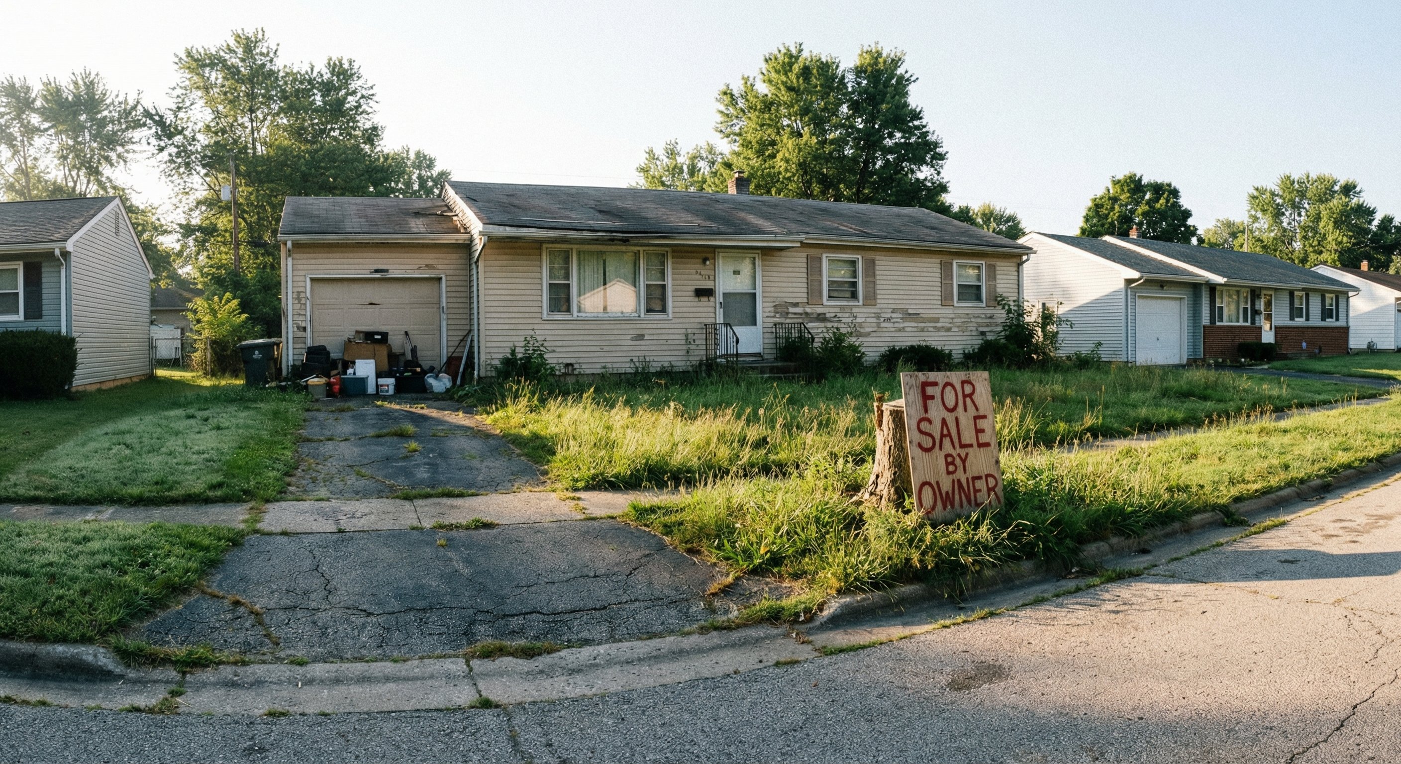 Distressed ranch home with overgrown lawn and faded exterior, typical of properties trading below their after repair value
