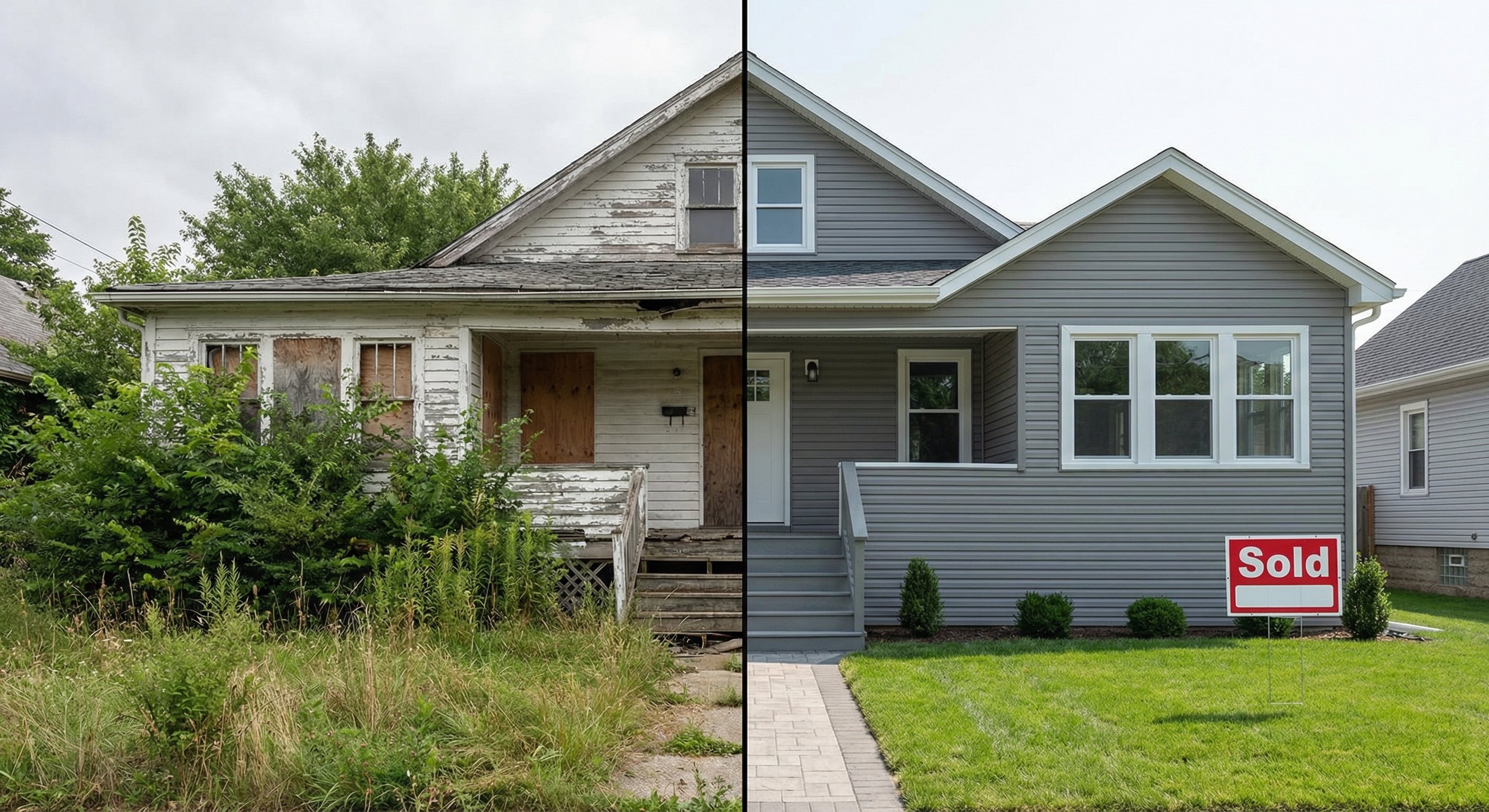 Before and after transformation of a distressed property, illustrating the ARV opportunity in distressed property investing