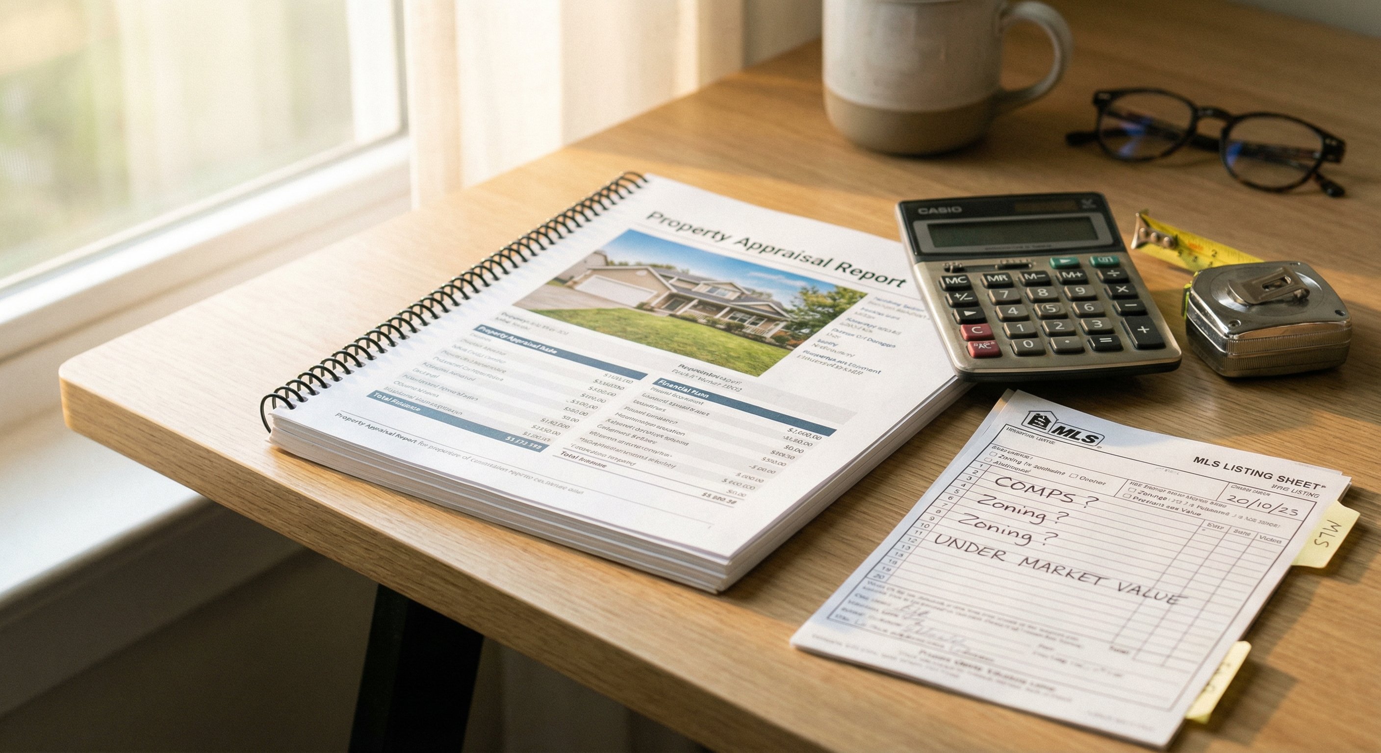 Property appraisal documents and calculator on a modern desk represent the ARV analysis process