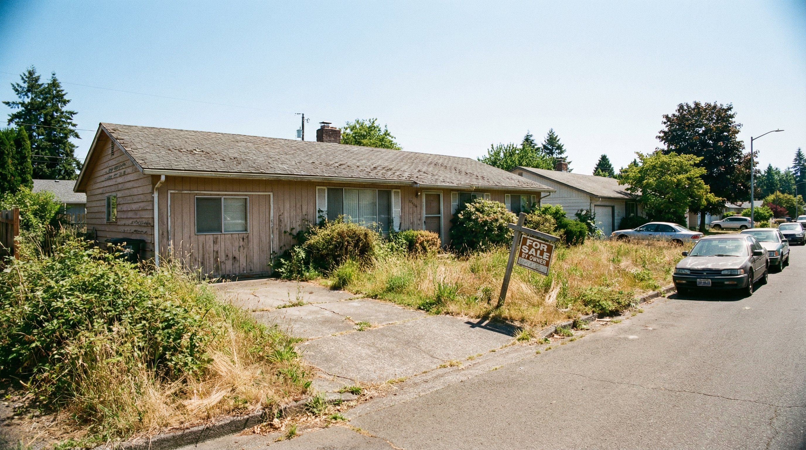 A distressed 1980s ranch home with overgrown lawn and weathered for-sale sign illustrating the condition gap that ARV analysis bridges