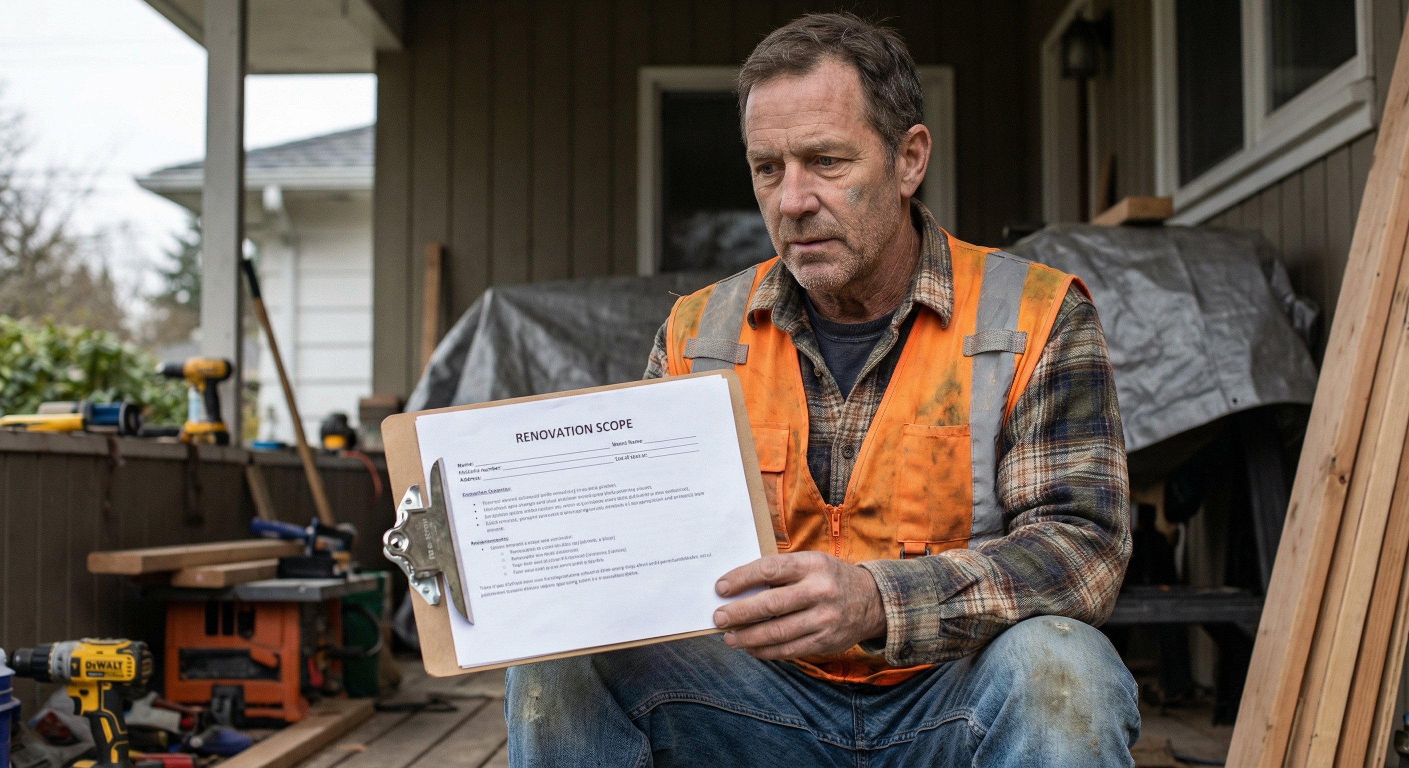 Contractor reviewing a renovation scope on a mid-century home porch, representing the repair assessment that feeds into ARV calculations