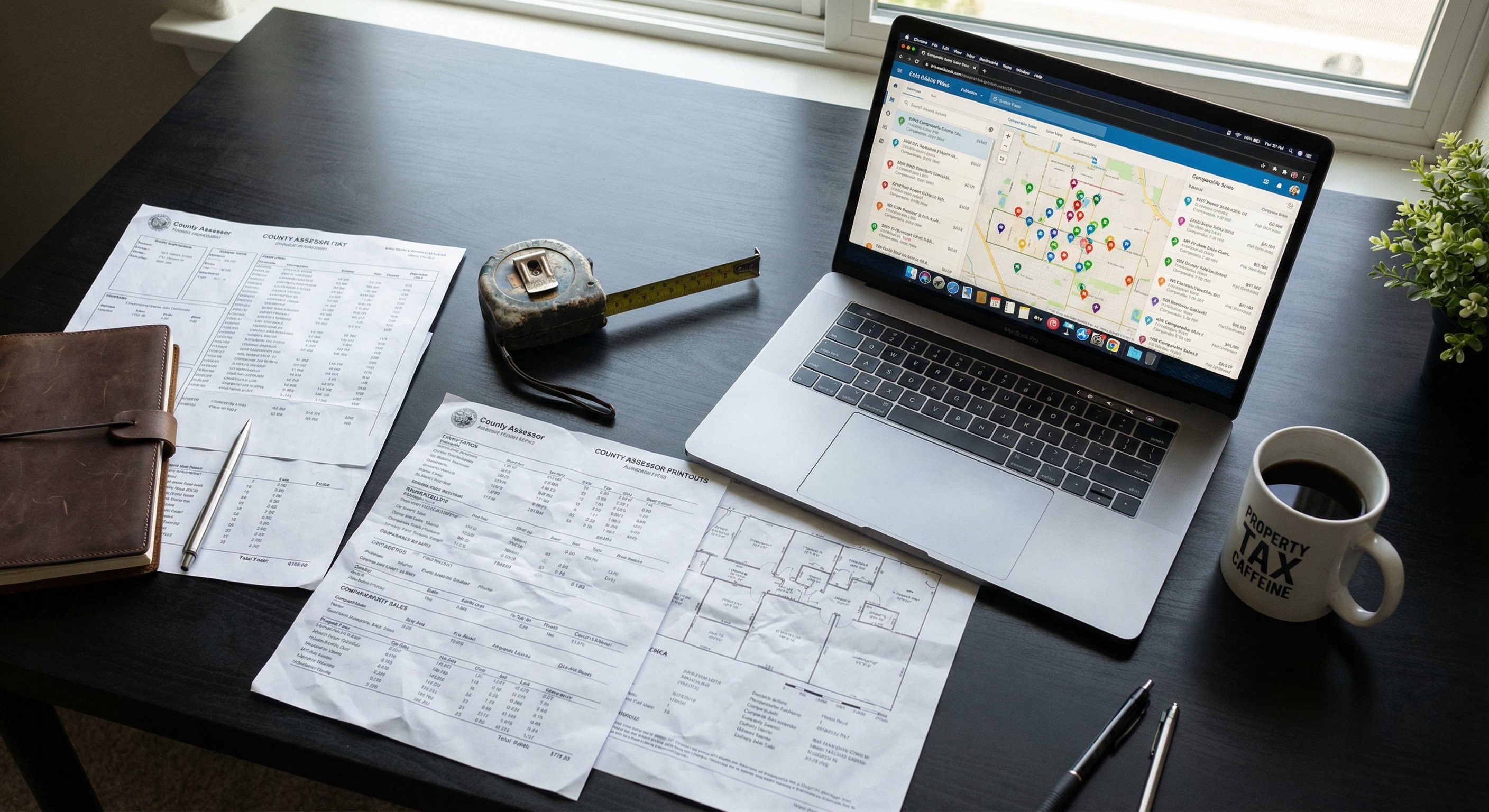 County assessor documents and comparable sales map on a desk, illustrating the research phase of ARV analysis