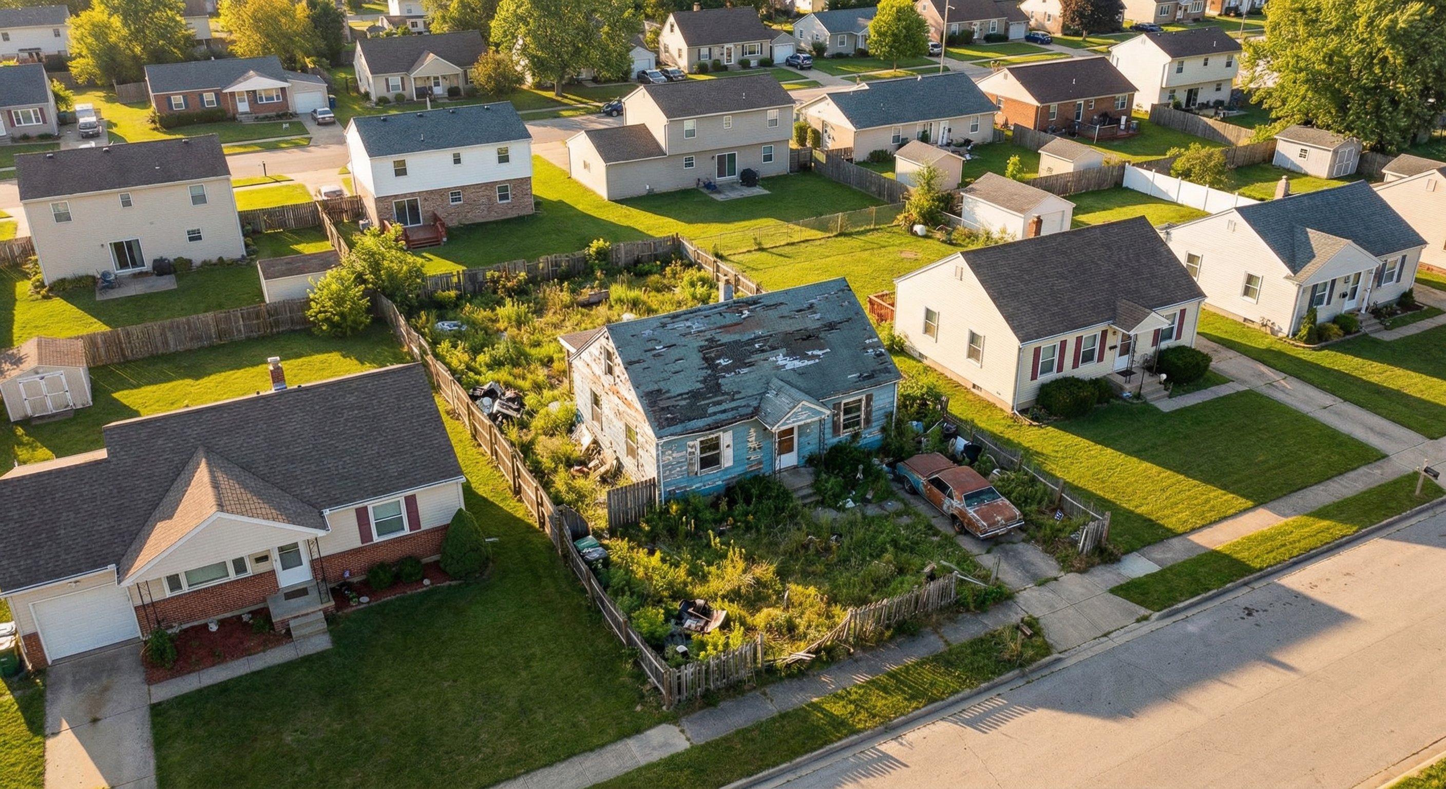 Aerial drone view of a suburban neighborhood with one visibly distressed property standing out, illustrating the visible distressed property gap that ARV analysis quantifies