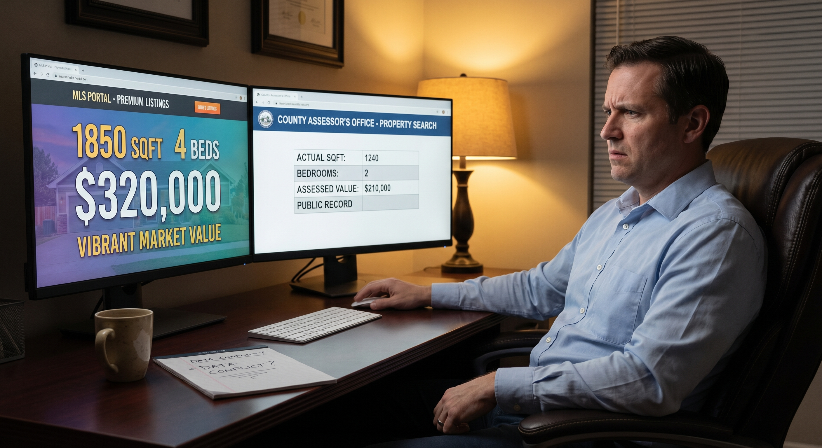 Investor reviewing conflicting property data across two monitors — MLS listing with inflated square footage on one side, county assessor records on the other, with a visible calculation showing an inflated offer amount