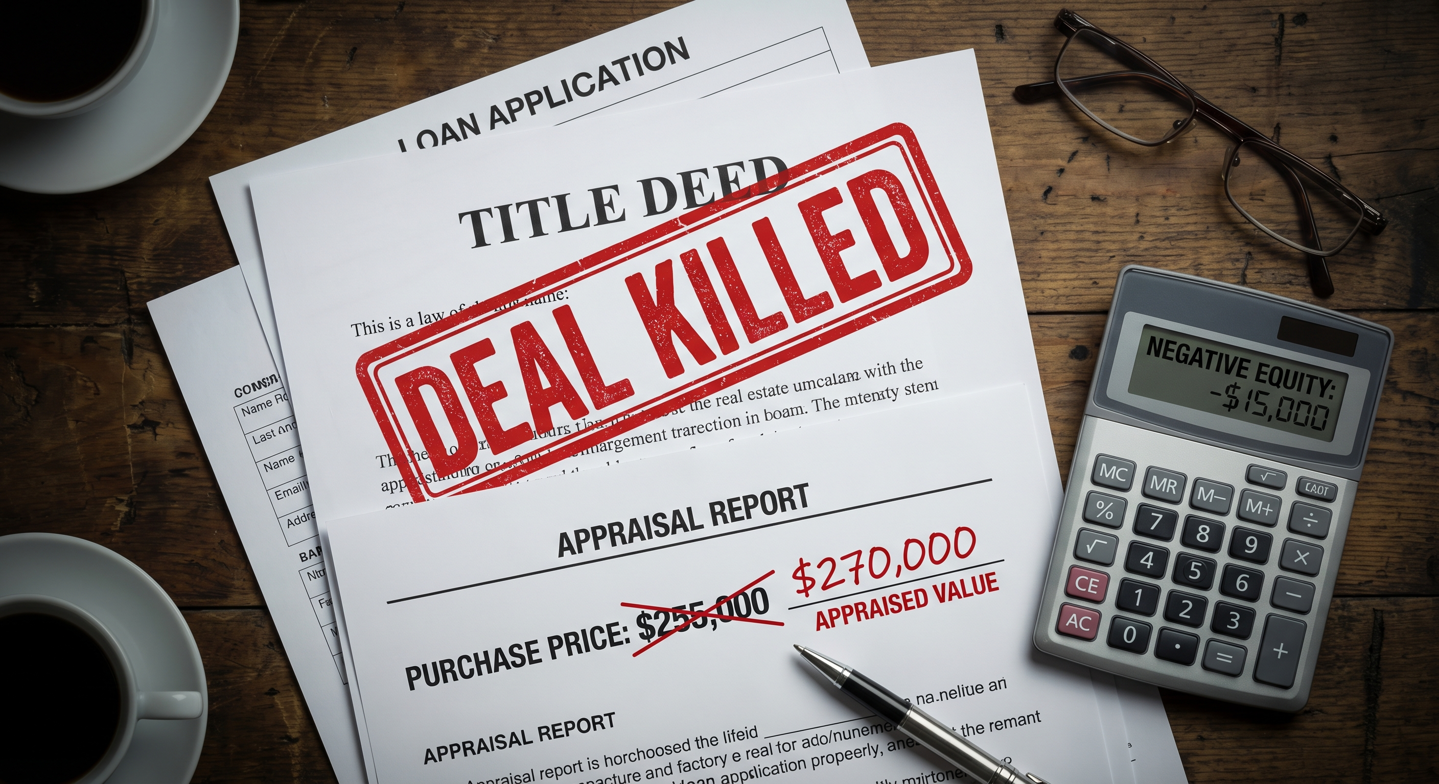 Appraisal report with a red "DEAL KILLED" stamp over it, with a visible appraisal gap notation showing purchase price above appraised value, in a stack of real estate documents